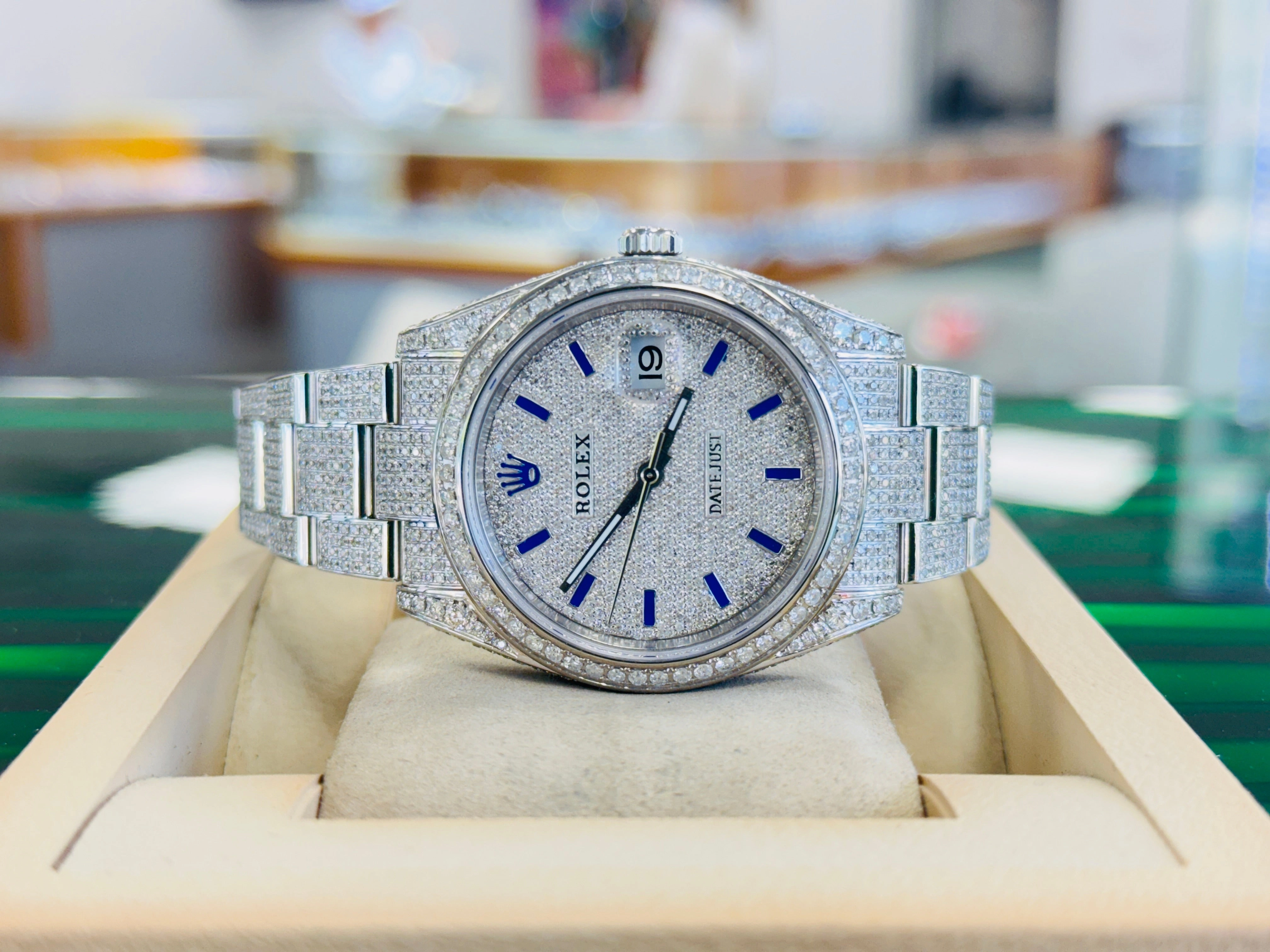 Rolex Datejust 41 126300 Custom Diamond Pave Set Custom Pave Diamond Blue Stick Dial Box/Papers UNWORN