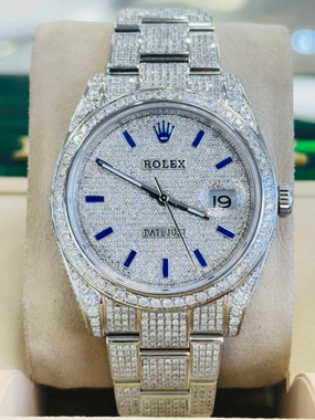 Rolex Datejust 41 126300 Custom Diamond Pave Set Custom Pave Diamond Blue Stick Dial Box/Papers UNWORN