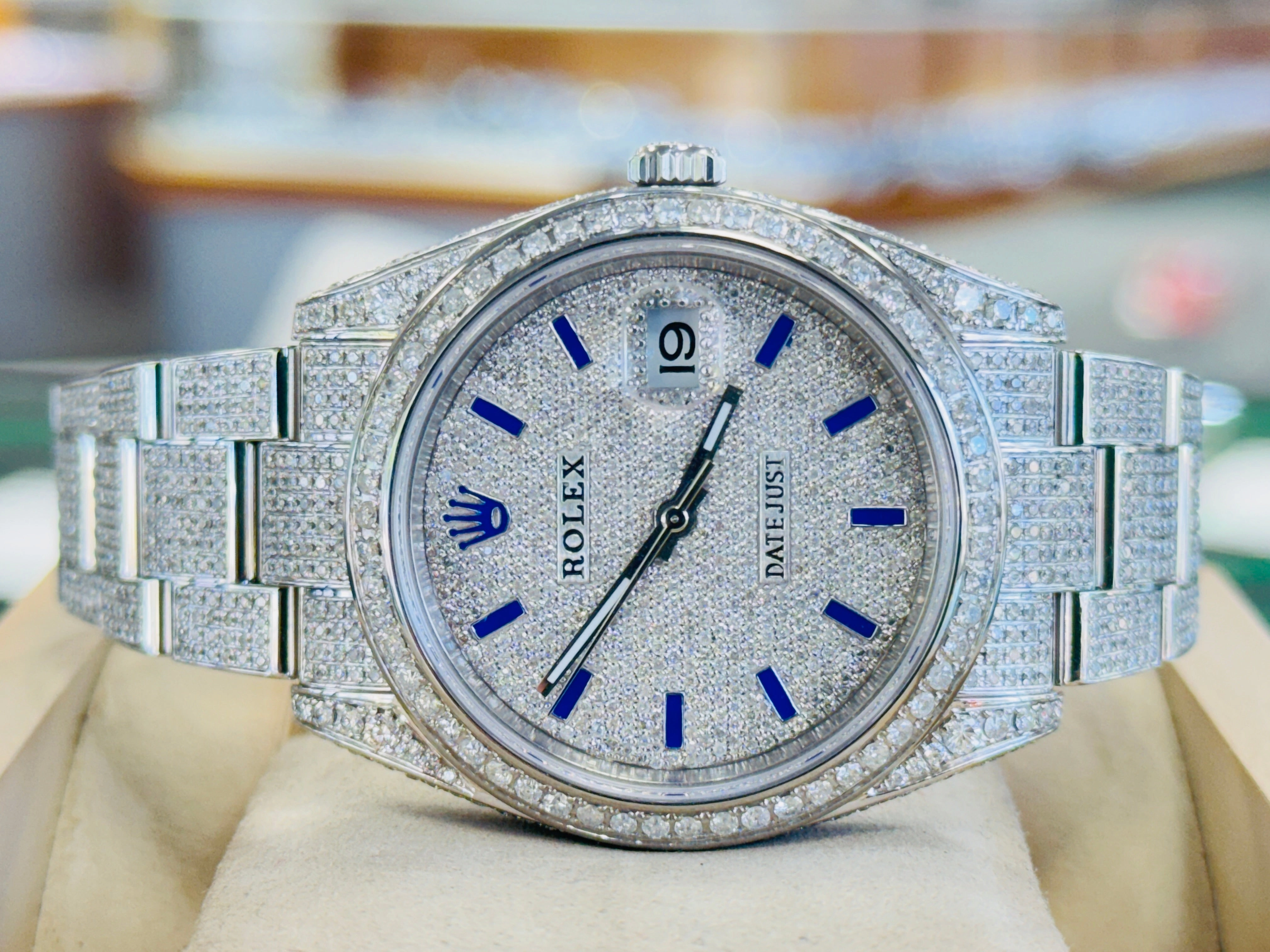 Rolex Datejust 41 126300 Custom Diamond Pave Set Custom Pave Diamond Blue Stick Dial Box/Papers UNWORN