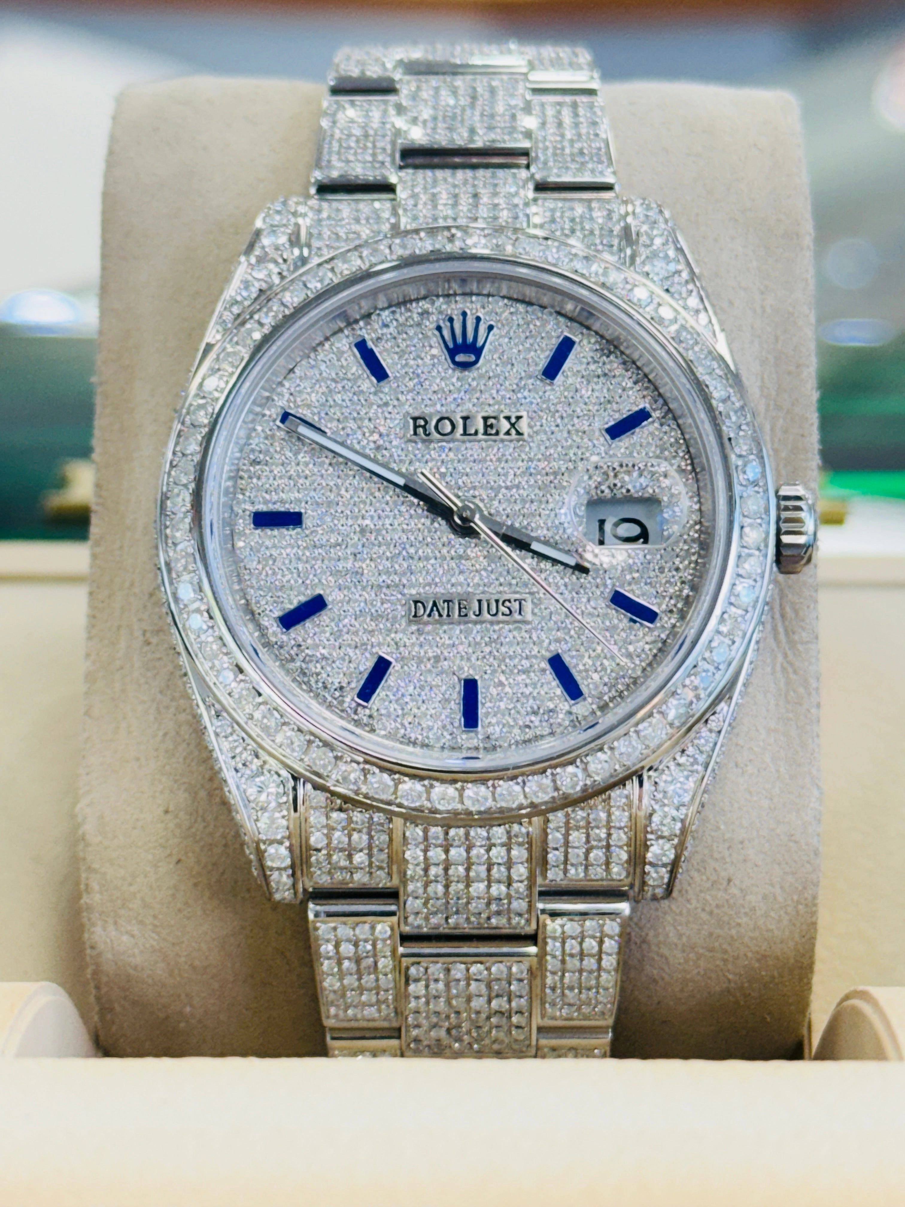 Rolex Datejust 41 126300 Custom Diamond Pave Set Custom Pave Diamond Blue Stick Dial Box/Papers UNWORN