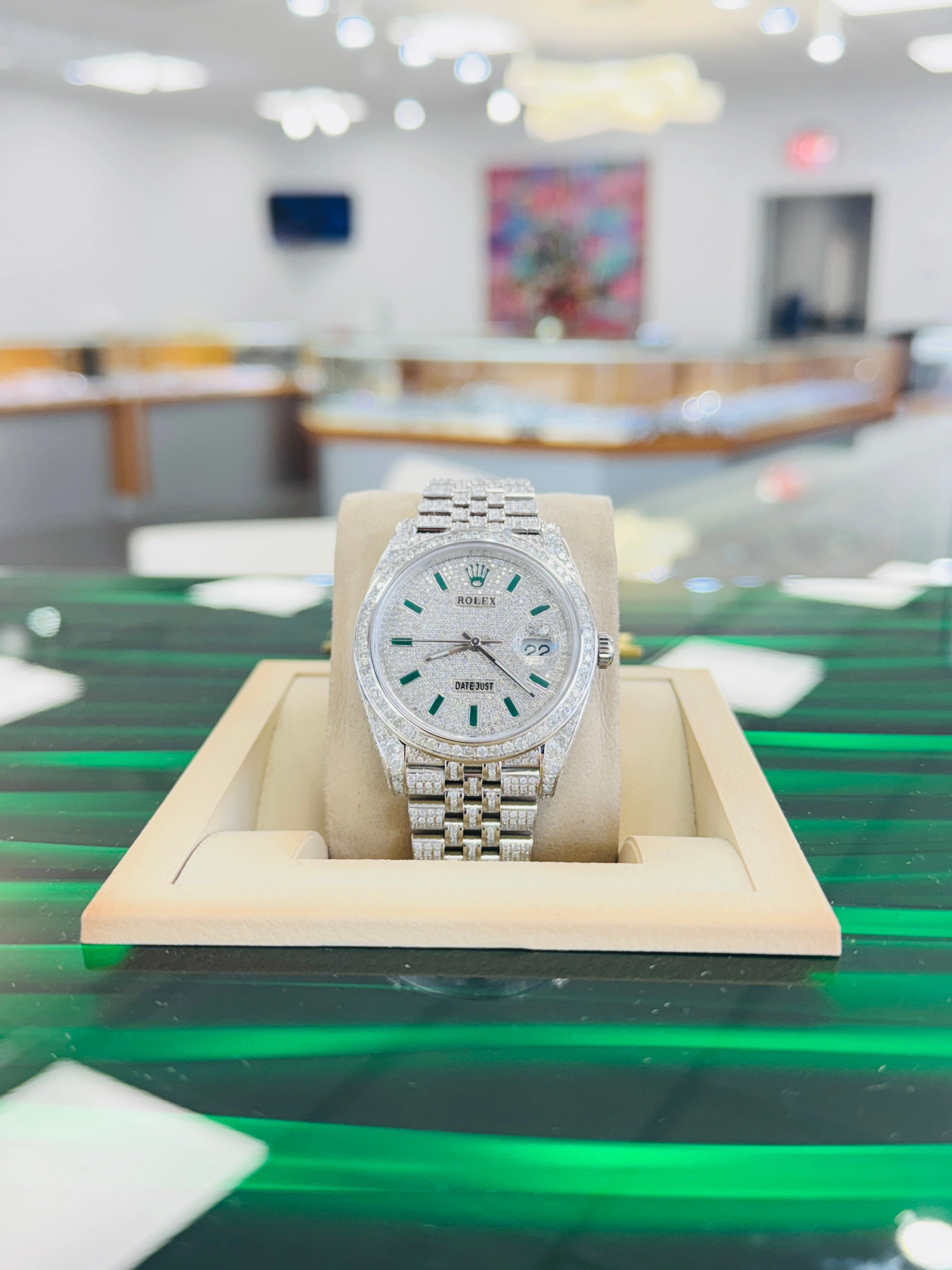 Rolex Datejust 41 126300  Full Custom Diamond Pave Set Jubilee Custom Pave Diamond Green Stick Dial  Box and Papers