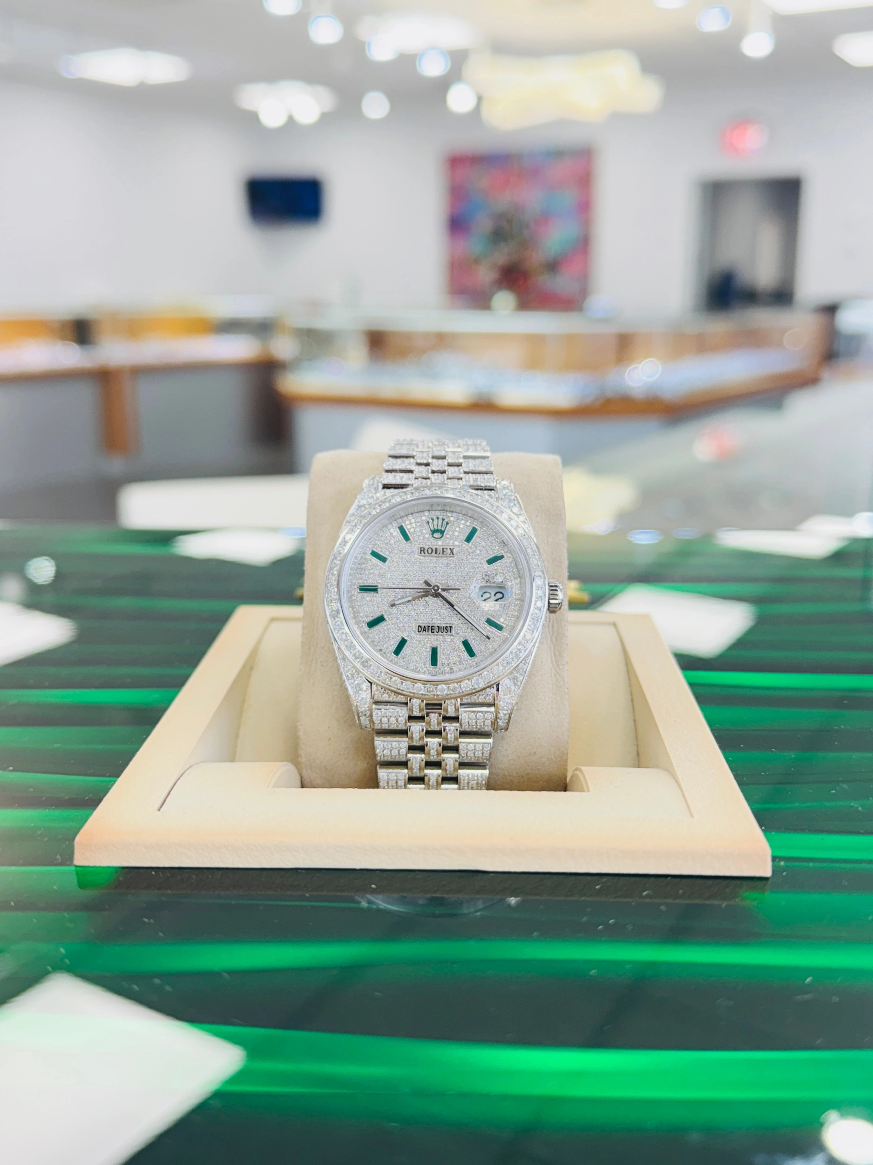 Rolex Datejust 41 126300  Full Custom Diamond Pave Set Jubilee Custom Pave Diamond Green Stick Dial  Box and Papers