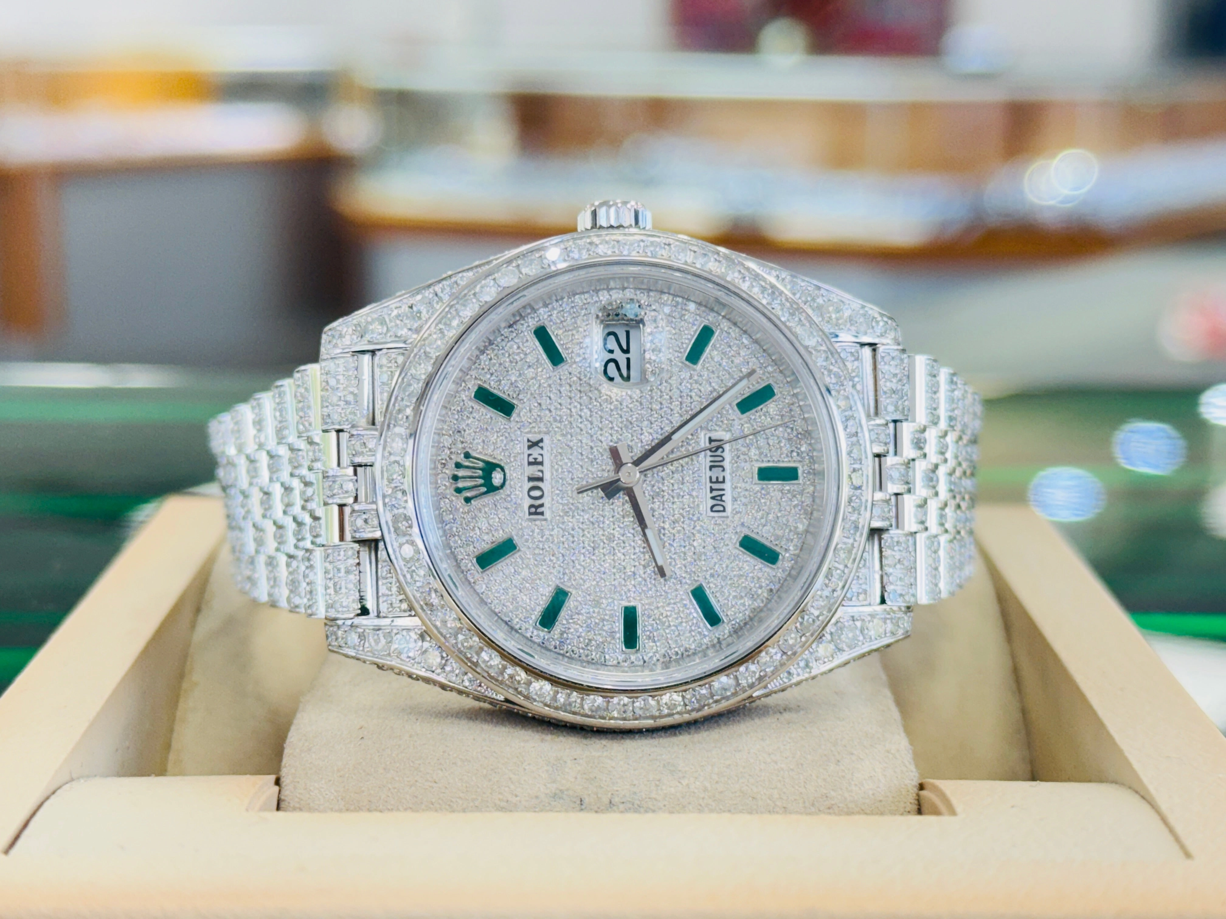 Rolex Datejust 41 126300  Full Custom Diamond Pave Set Jubilee Custom Pave Diamond Green Stick Dial  Box and Papers