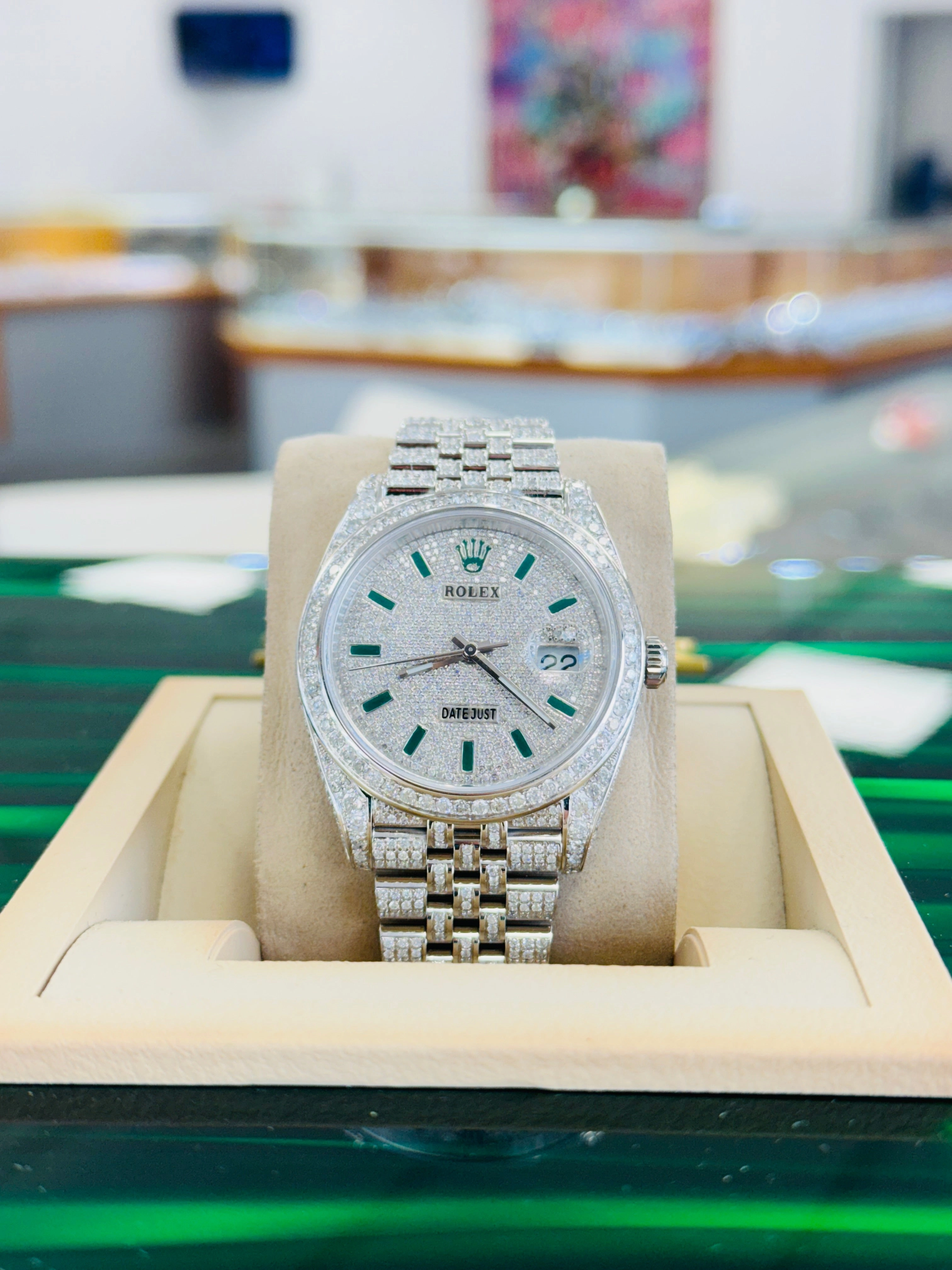 Rolex Datejust 41 126300  Full Custom Diamond Pave Set Jubilee Custom Pave Diamond Green Stick Dial  Box and Papers