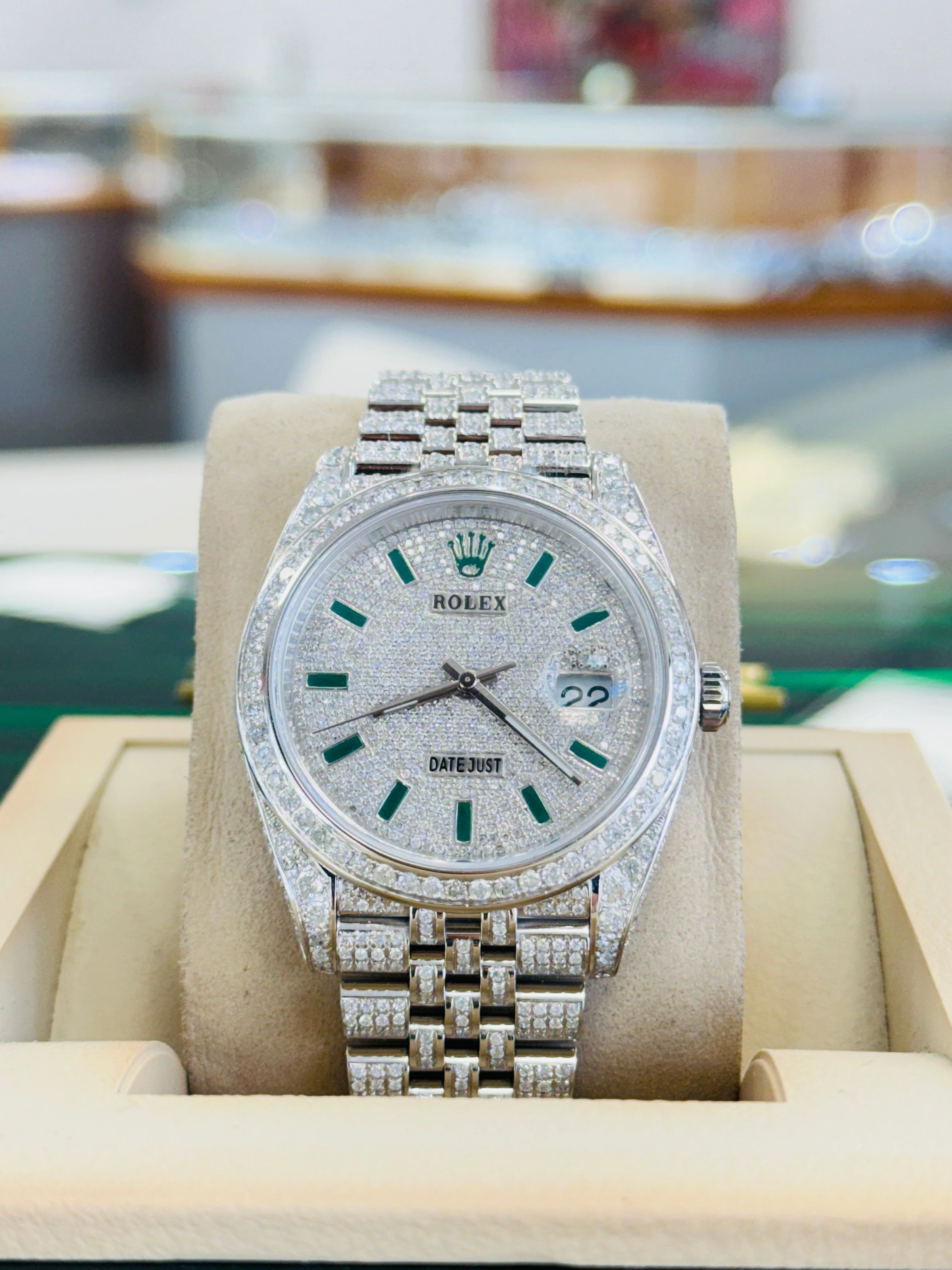 Rolex Datejust 41 126300  Full Custom Diamond Pave Set Jubilee Custom Pave Diamond Green Stick Dial  Box and Papers