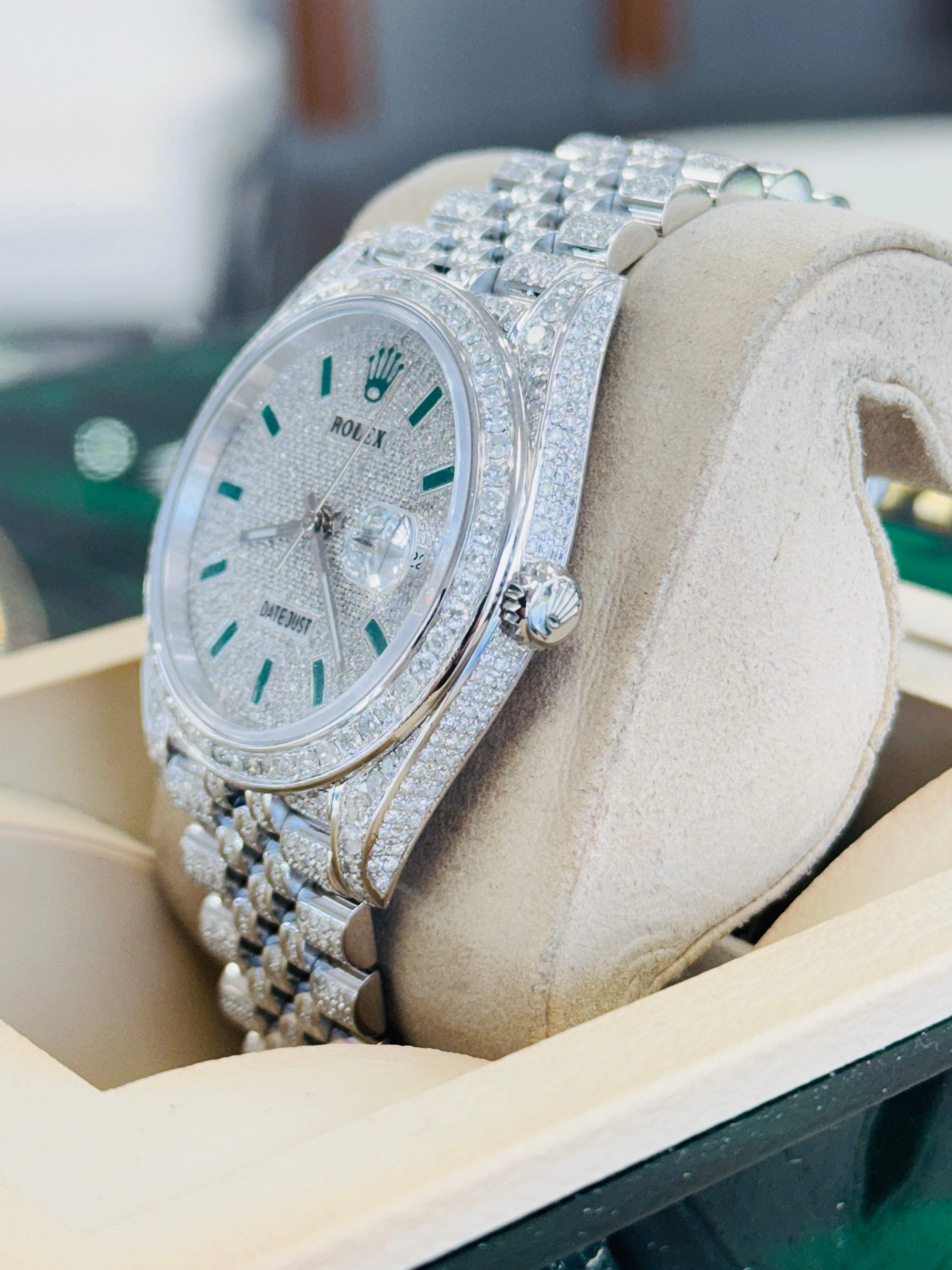 Rolex Datejust 41 126300  Full Custom Diamond Pave Set Jubilee Custom Pave Diamond Green Stick Dial  Box and Papers