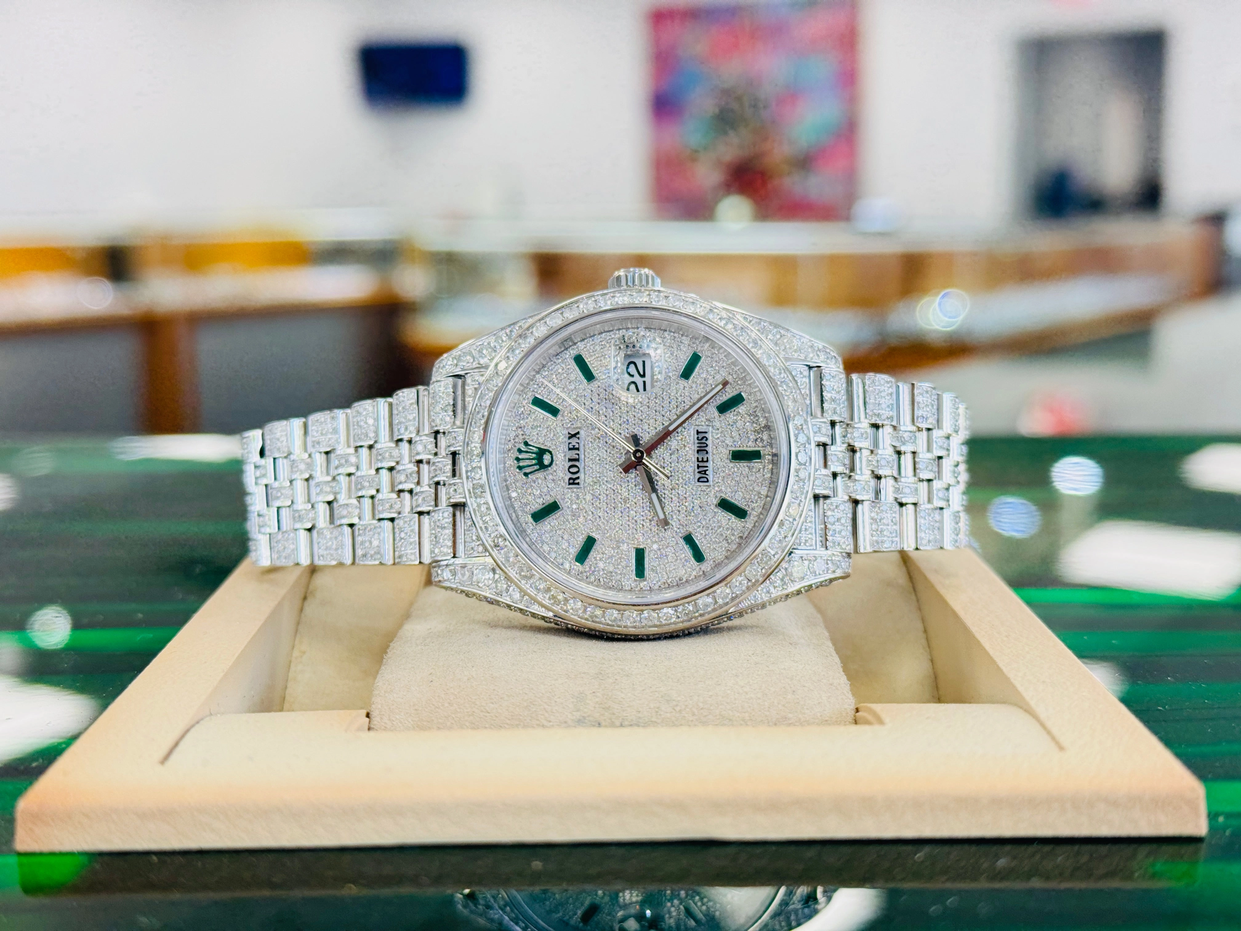 Rolex Datejust 41 126300  Full Custom Diamond Pave Set Jubilee Custom Pave Diamond Green Stick Dial  Box and Papers