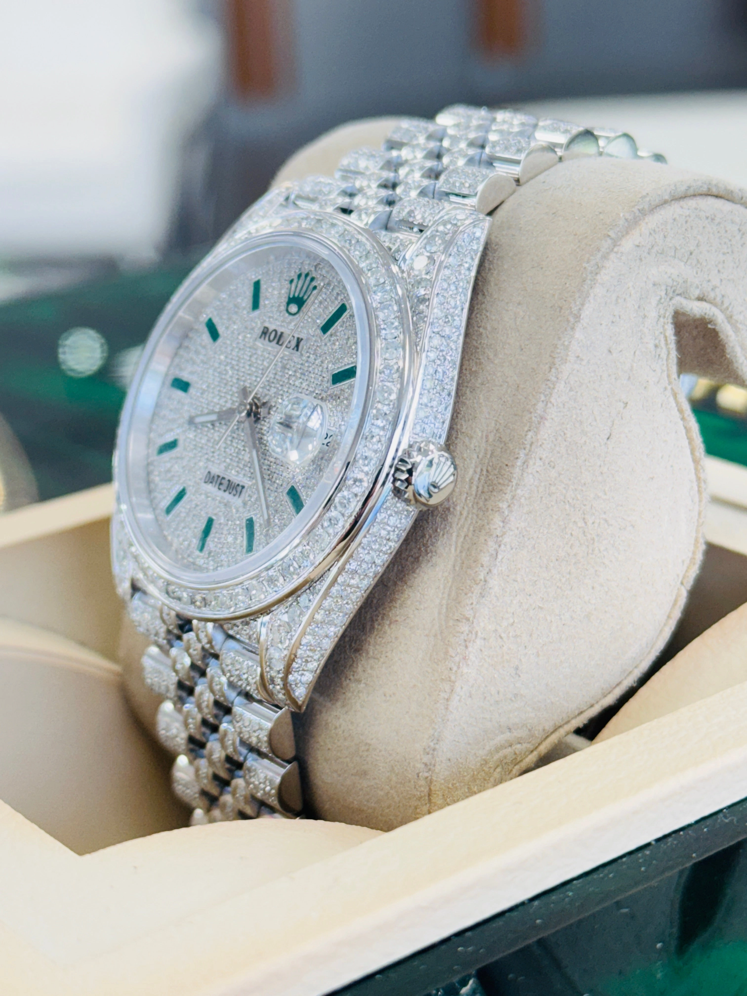 Rolex Datejust 41 126300  Full Custom Diamond Pave Set Jubilee Custom Pave Diamond Green Stick Dial  Box and Papers
