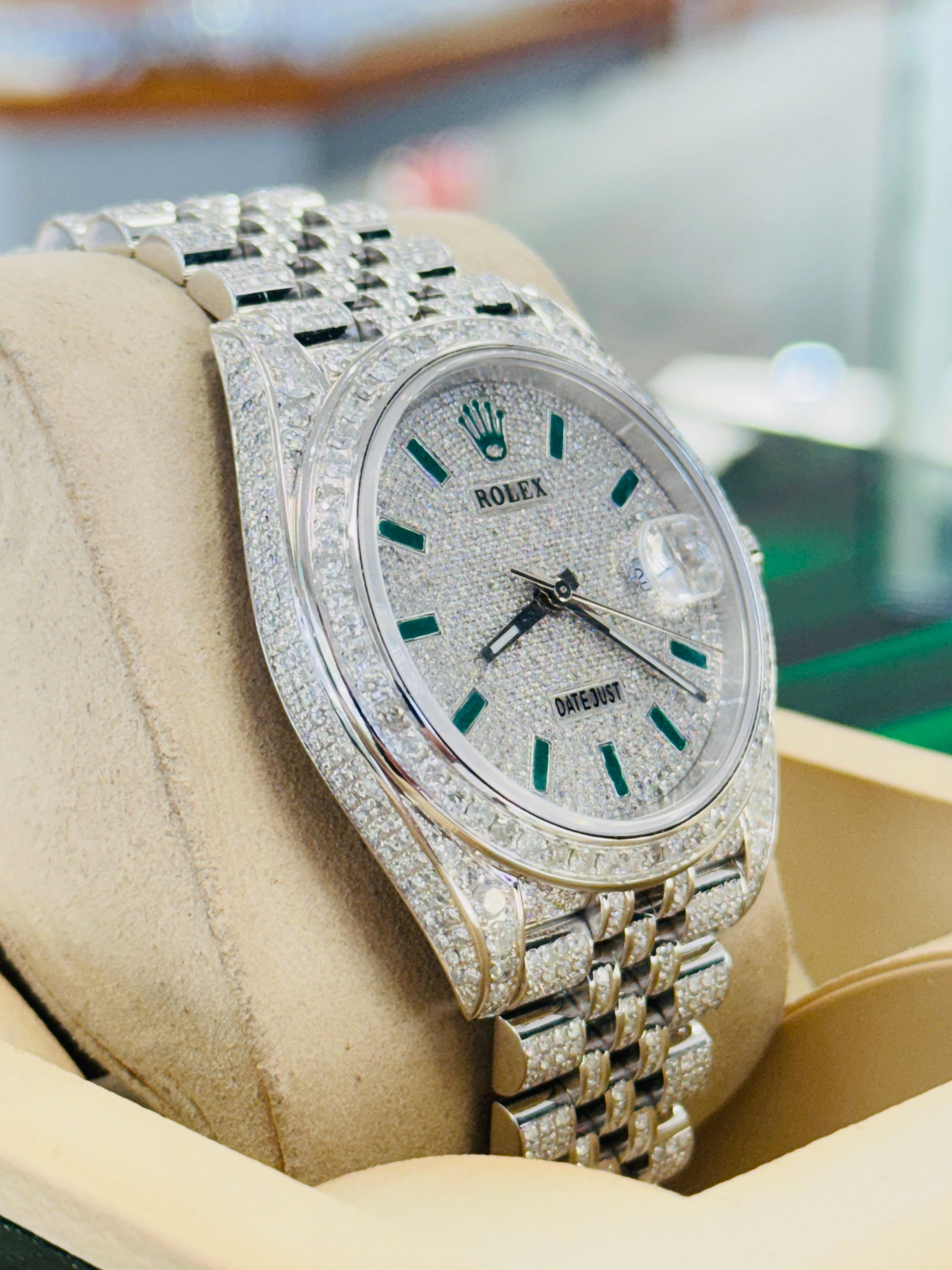 Rolex Datejust 41 126300  Full Custom Diamond Pave Set Jubilee Custom Pave Diamond Green Stick Dial  Box and Papers