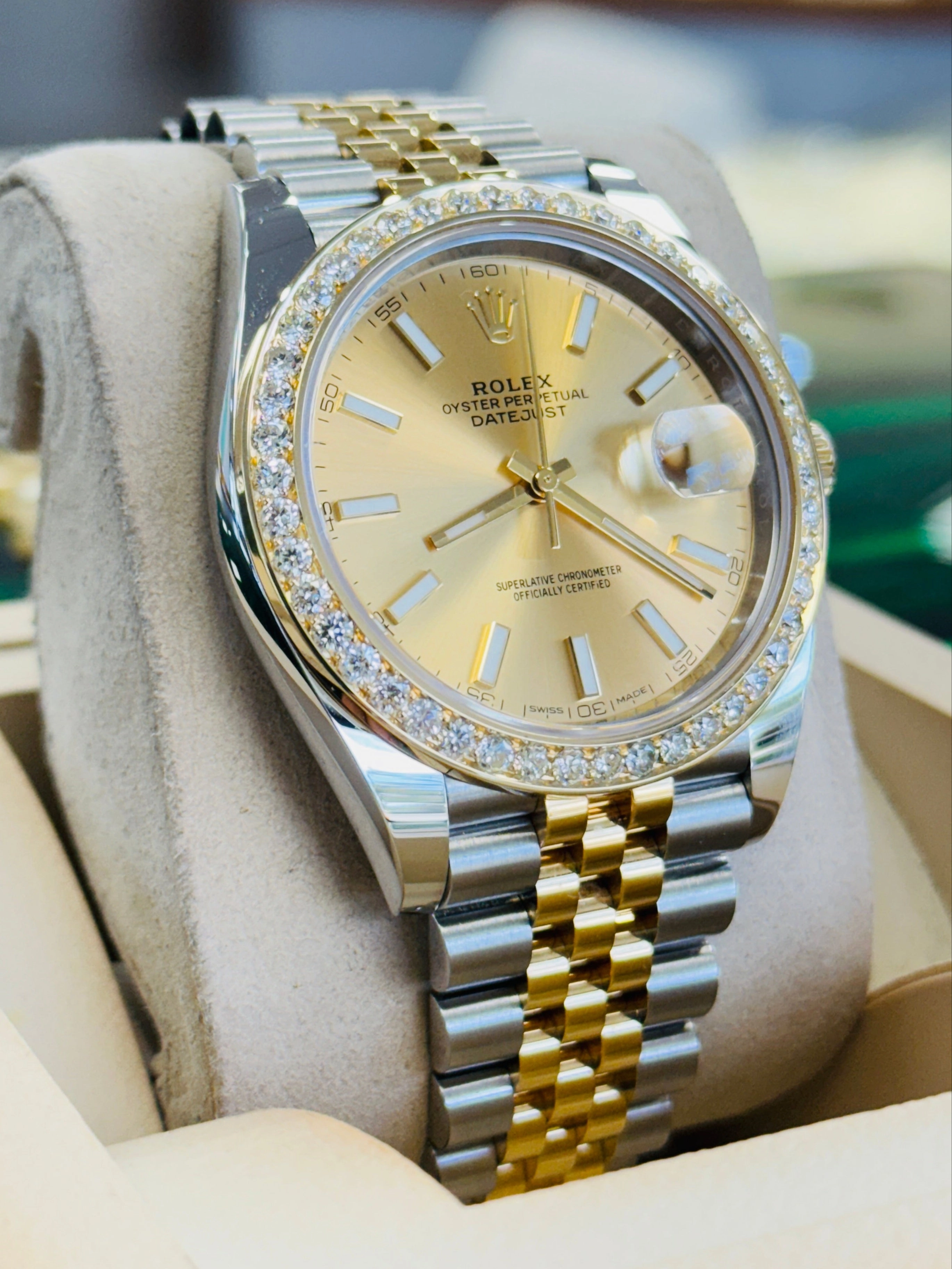 Rolex Datejust 41 126303  18k Yellow Gold/Steel Jubilee Champagne Dial Custom Diamond Bezel Jubilee Box and Papers MINT