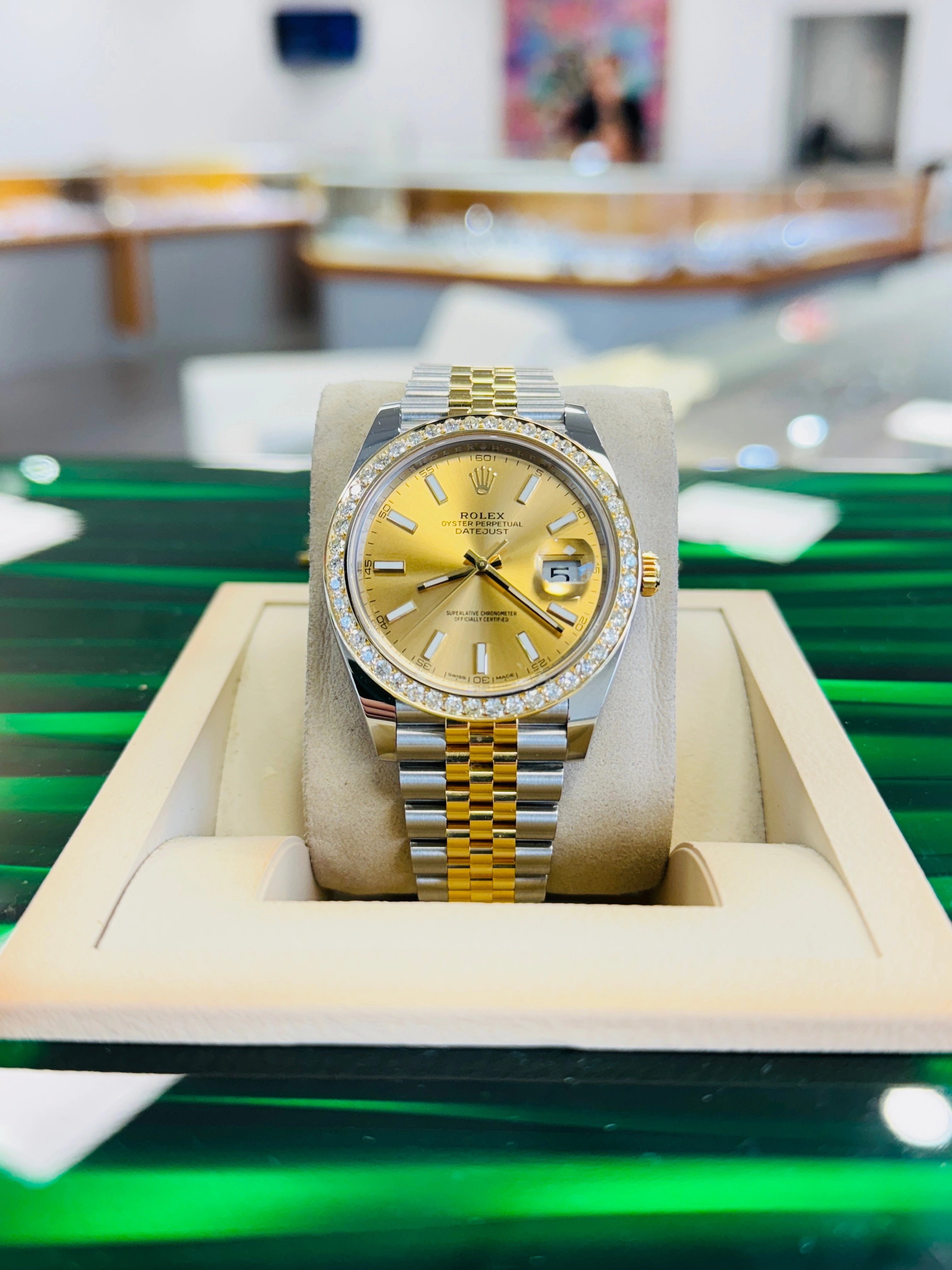 Rolex Datejust 41 126303  18k Yellow Gold/Steel Jubilee Champagne Dial Custom Diamond Bezel Jubilee Box and Papers MINT