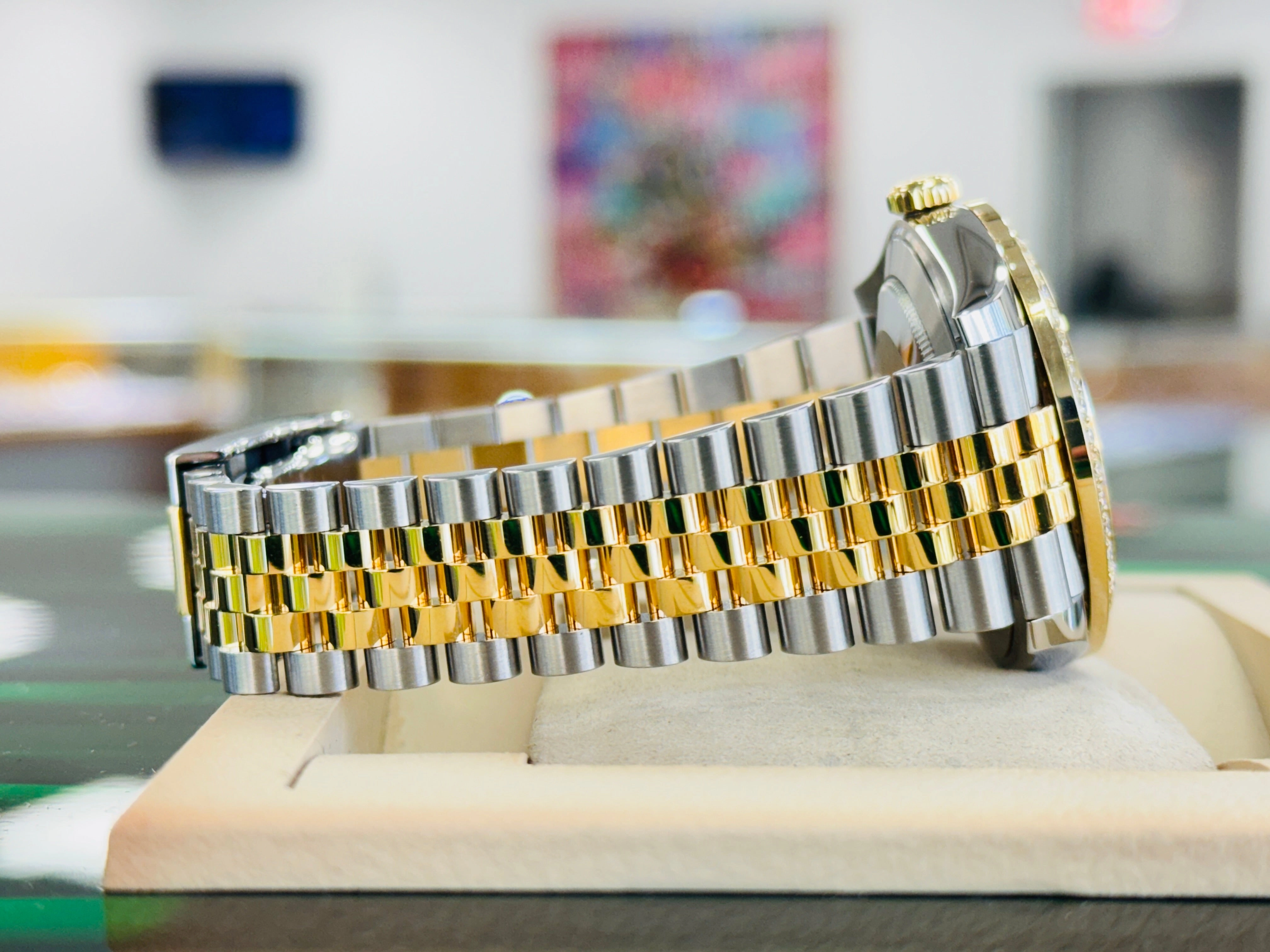 Rolex Datejust 41 126303  18k Yellow Gold/Steel Jubilee Champagne Dial Custom Diamond Bezel Jubilee Box and Papers MINT