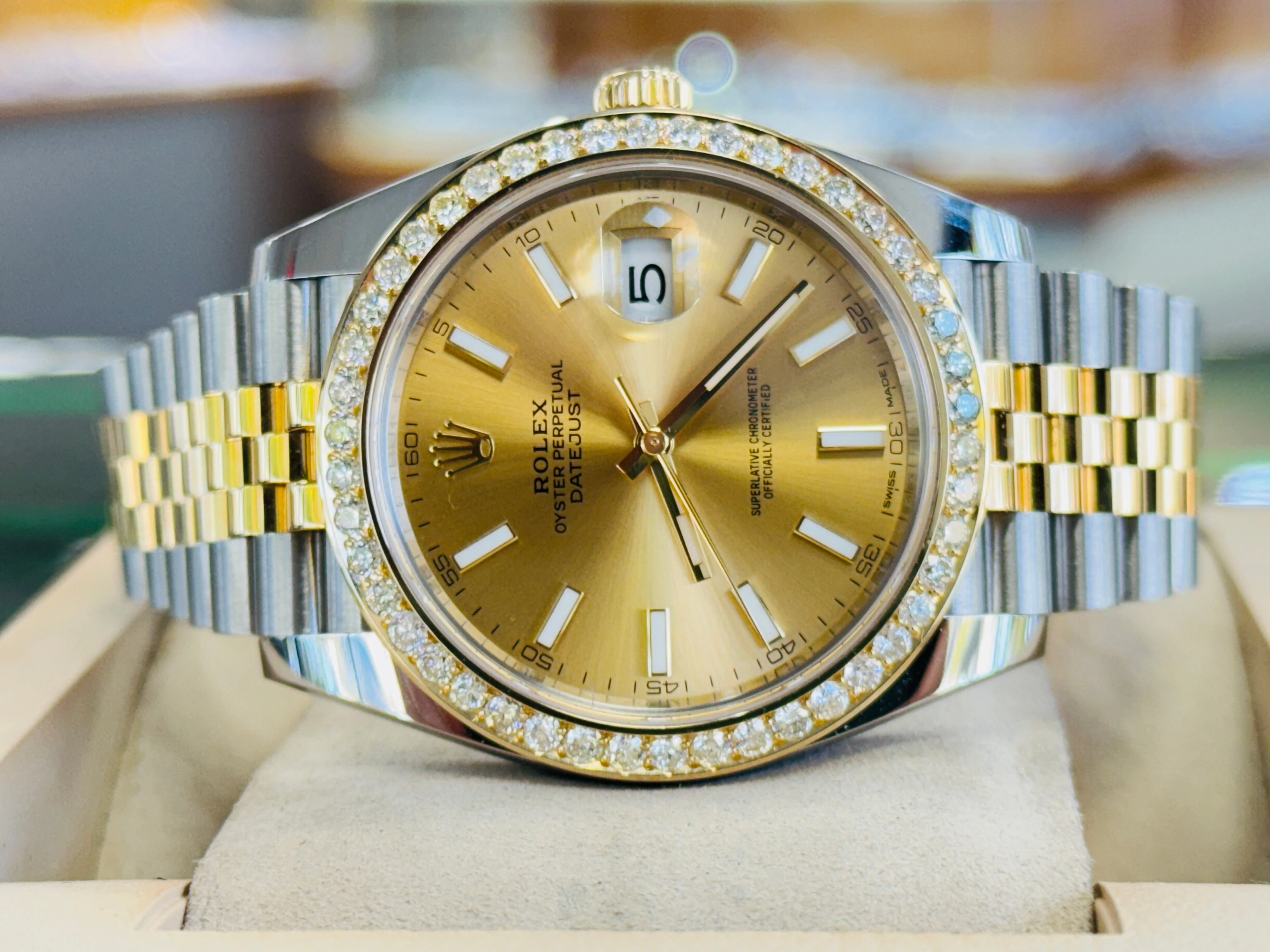 Rolex Datejust 41 126303  18k Yellow Gold/Steel Jubilee Champagne Dial Custom Diamond Bezel Jubilee Box and Papers MINT