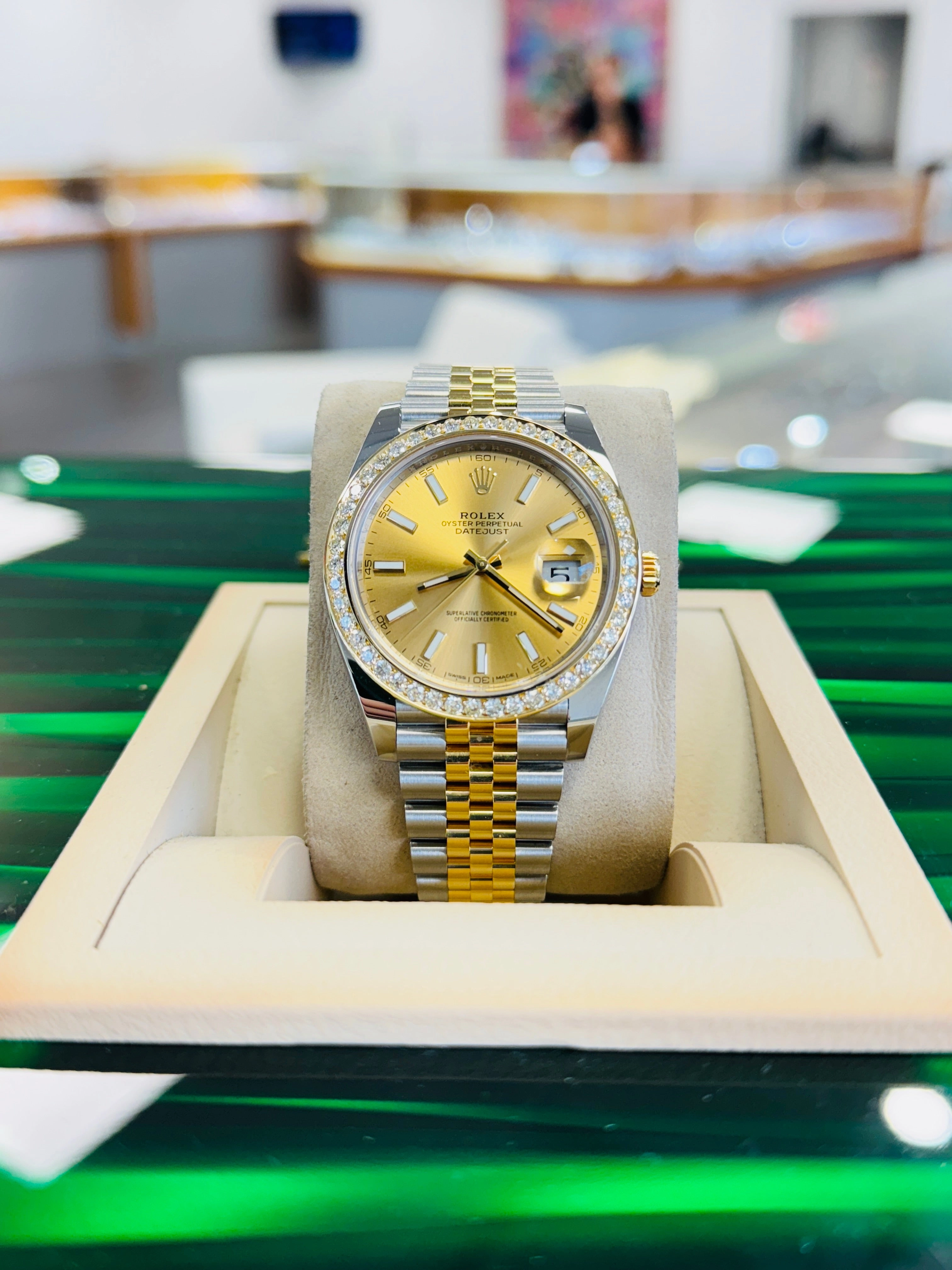 Rolex Datejust 41 126303  18k Yellow Gold/Steel Jubilee Champagne Dial Custom Diamond Bezel Jubilee Box and Papers MINT