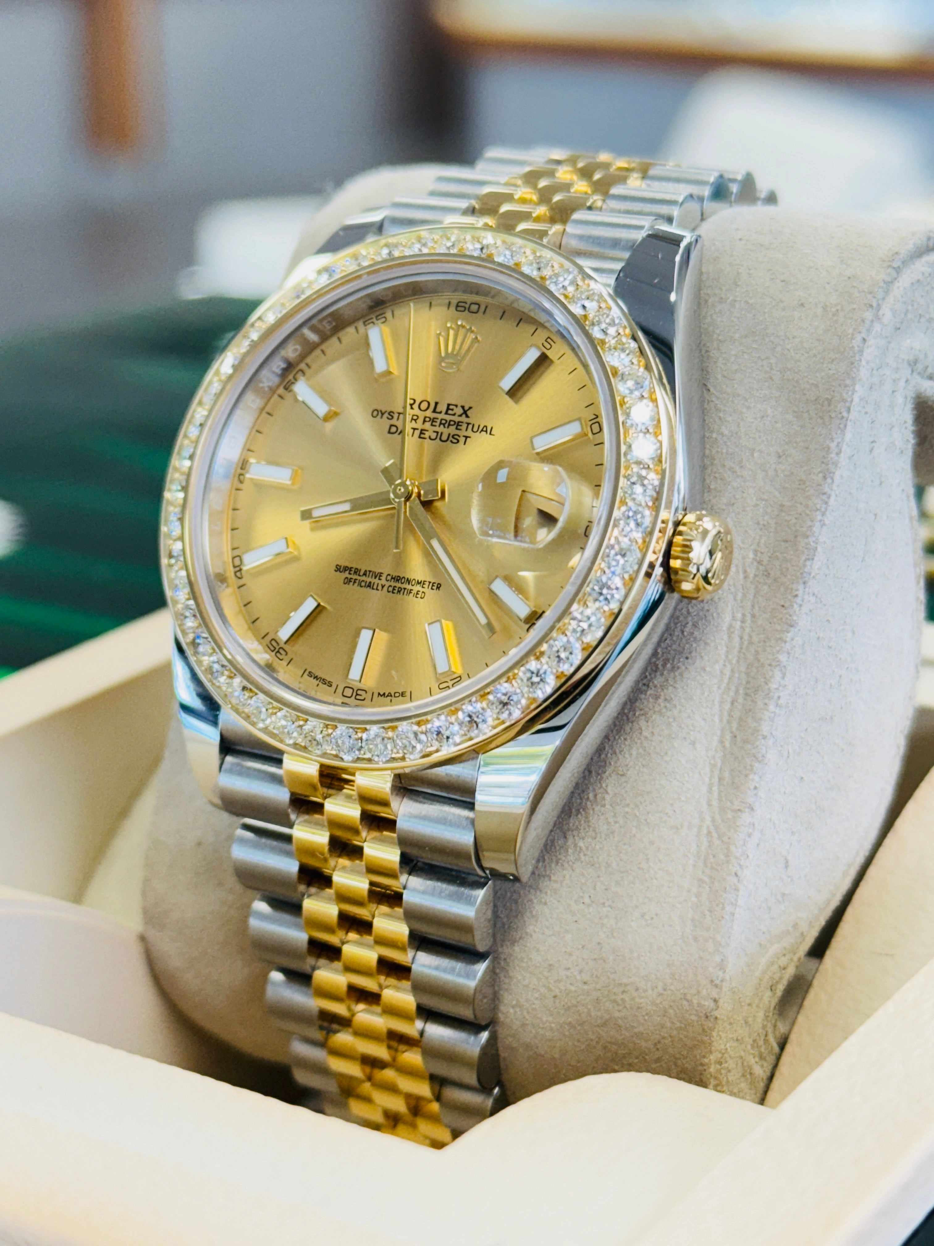 Rolex Datejust 41 126303  18k Yellow Gold/Steel Jubilee Champagne Dial Custom Diamond Bezel Jubilee Box and Papers MINT