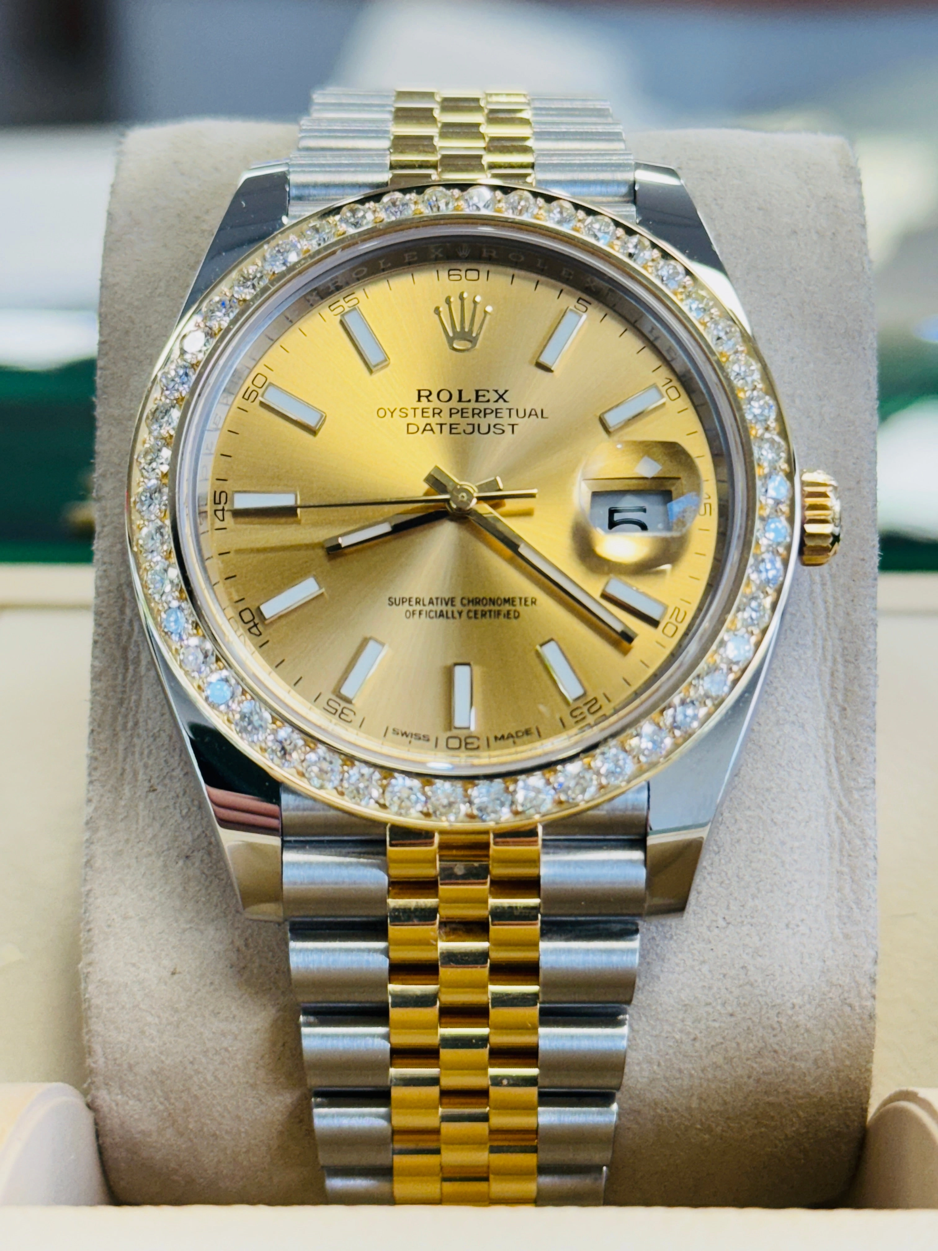 Rolex Datejust 41 126303  18k Yellow Gold/Steel Jubilee Champagne Dial Custom Diamond Bezel Jubilee Box and Papers MINT