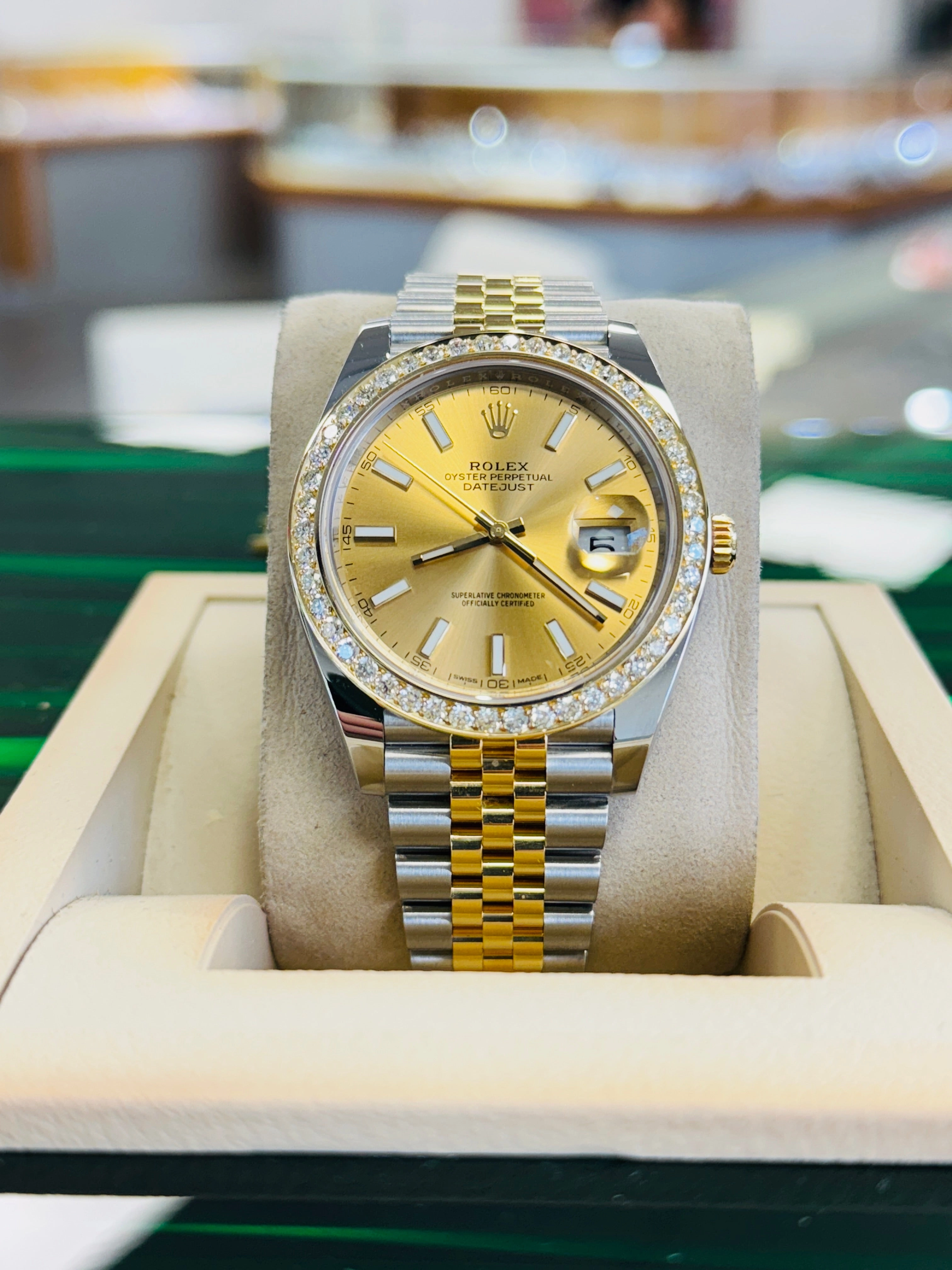 Rolex Datejust 41 126303  18k Yellow Gold/Steel Jubilee Champagne Dial Custom Diamond Bezel Jubilee Box and Papers MINT