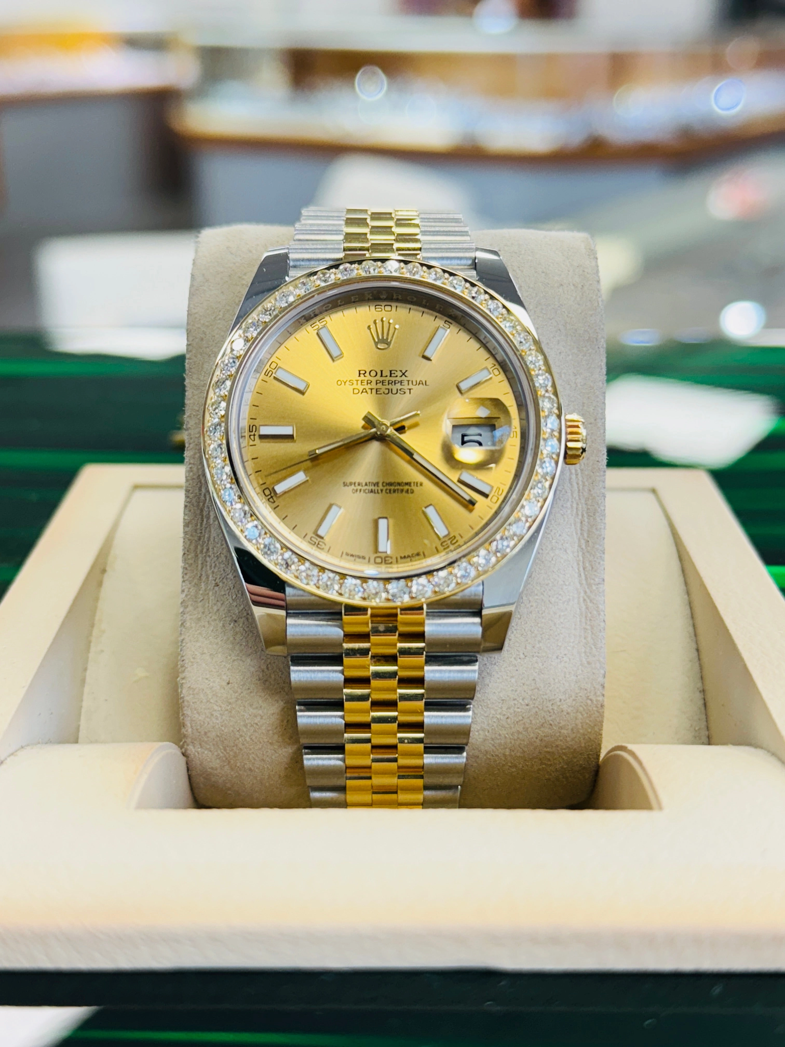 Rolex Datejust 41 126303  18k Yellow Gold/Steel Jubilee Champagne Dial Custom Diamond Bezel Jubilee Box and Papers MINT