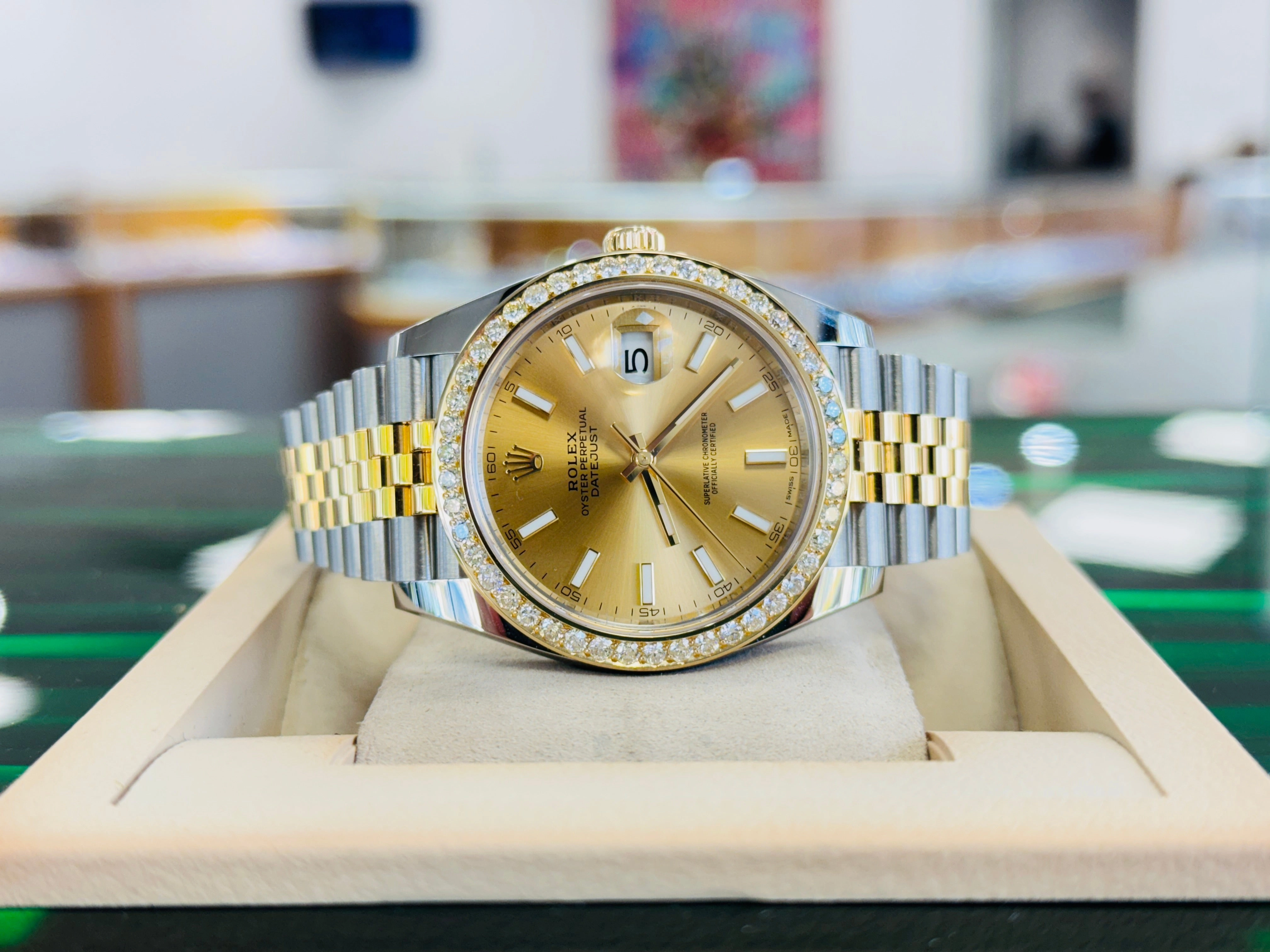 Rolex Datejust 41 126303  18k Yellow Gold/Steel Jubilee Champagne Dial Custom Diamond Bezel Jubilee Box and Papers MINT