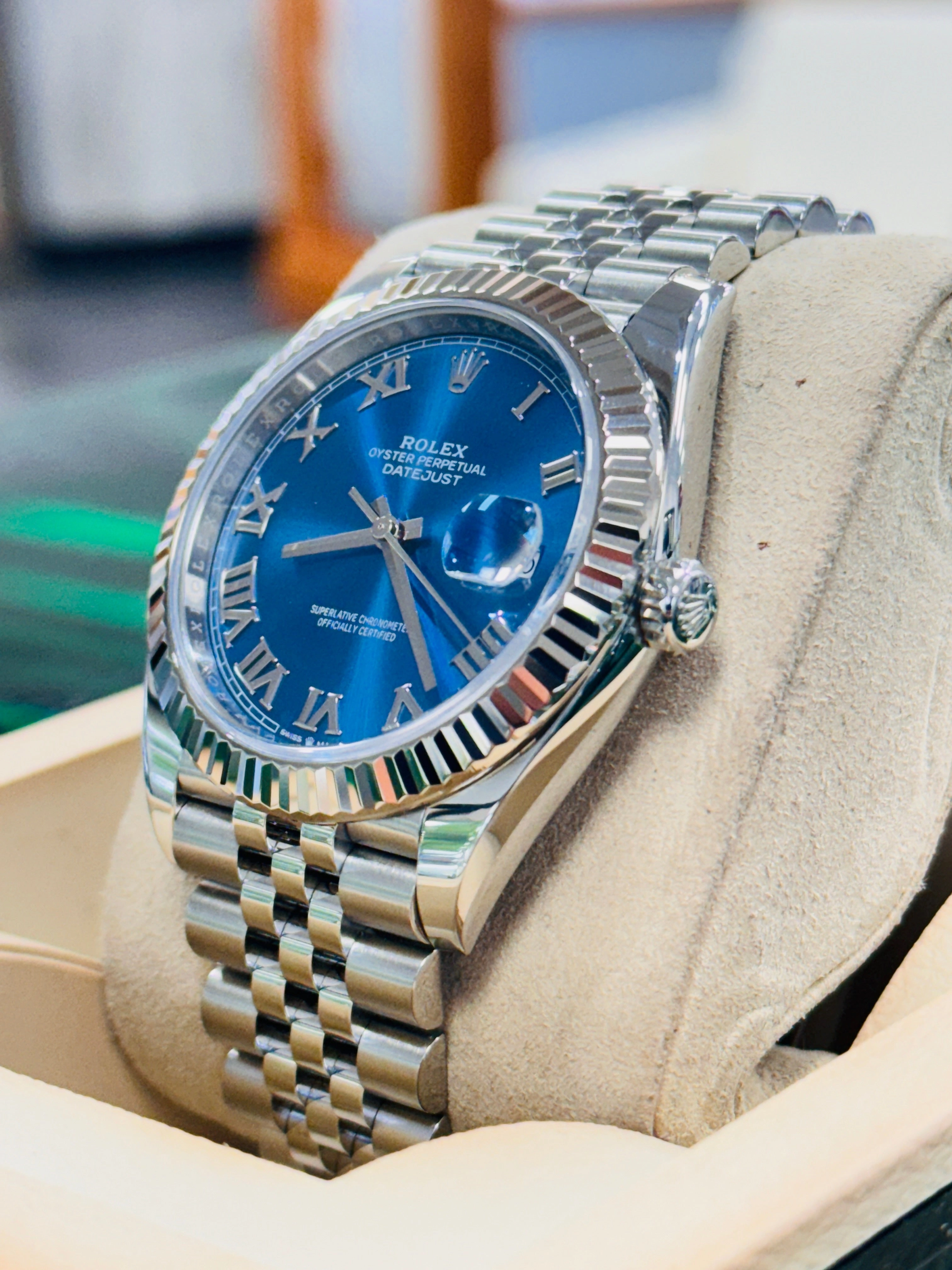 Rolex Datejust 41 126334 Blue Azzurro Roman Dial Stainless Steel Fluted Bezel Jubilee Bracelet PreOwned