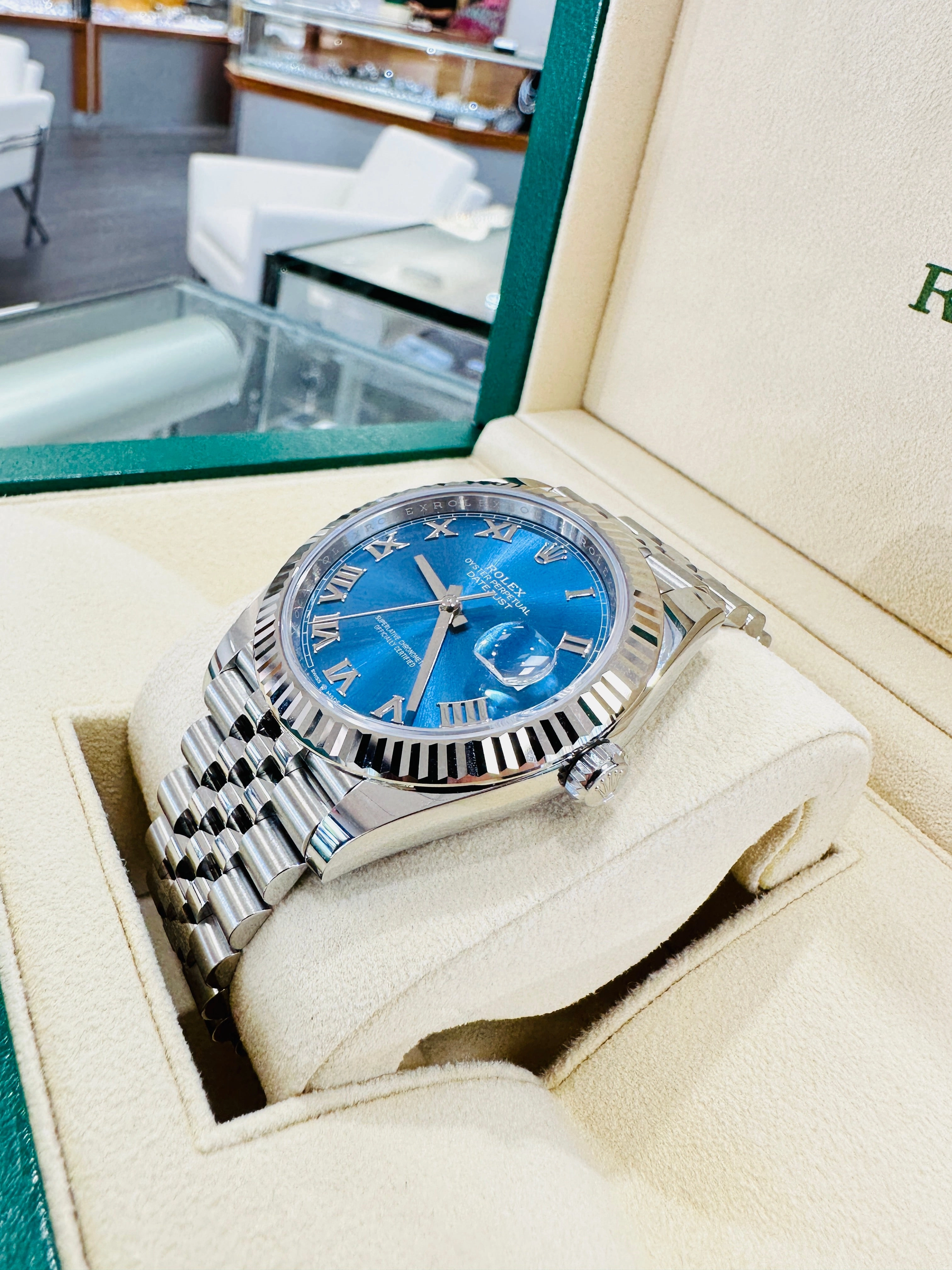 Rolex DateJust 41 126334 Blue Roman Dial Jubilee Steel 18k White Gold Unworn Box and Papers
