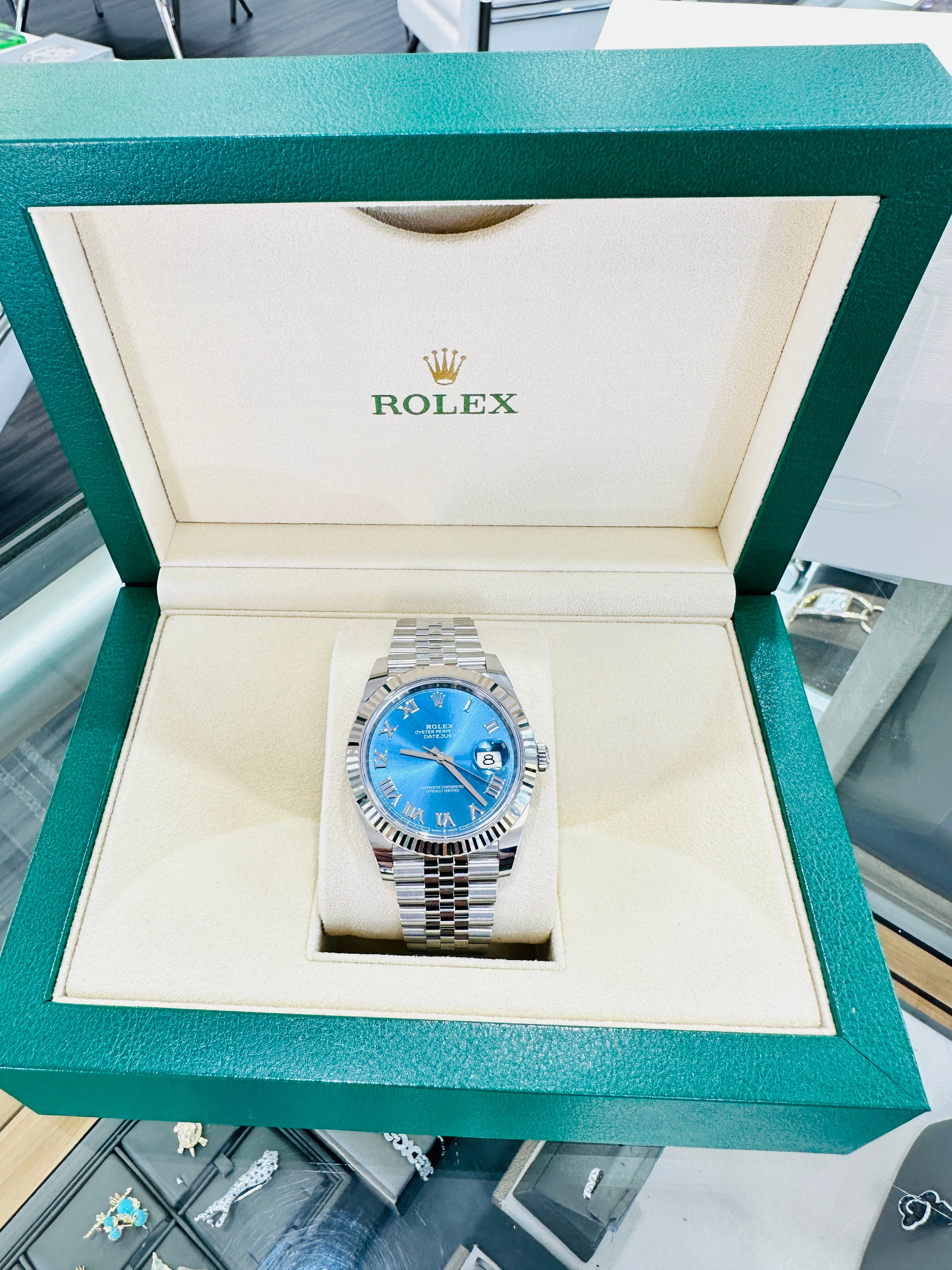 Rolex DateJust 41 126334 Blue Roman Dial Jubilee Steel 18k White Gold Unworn Box and Papers