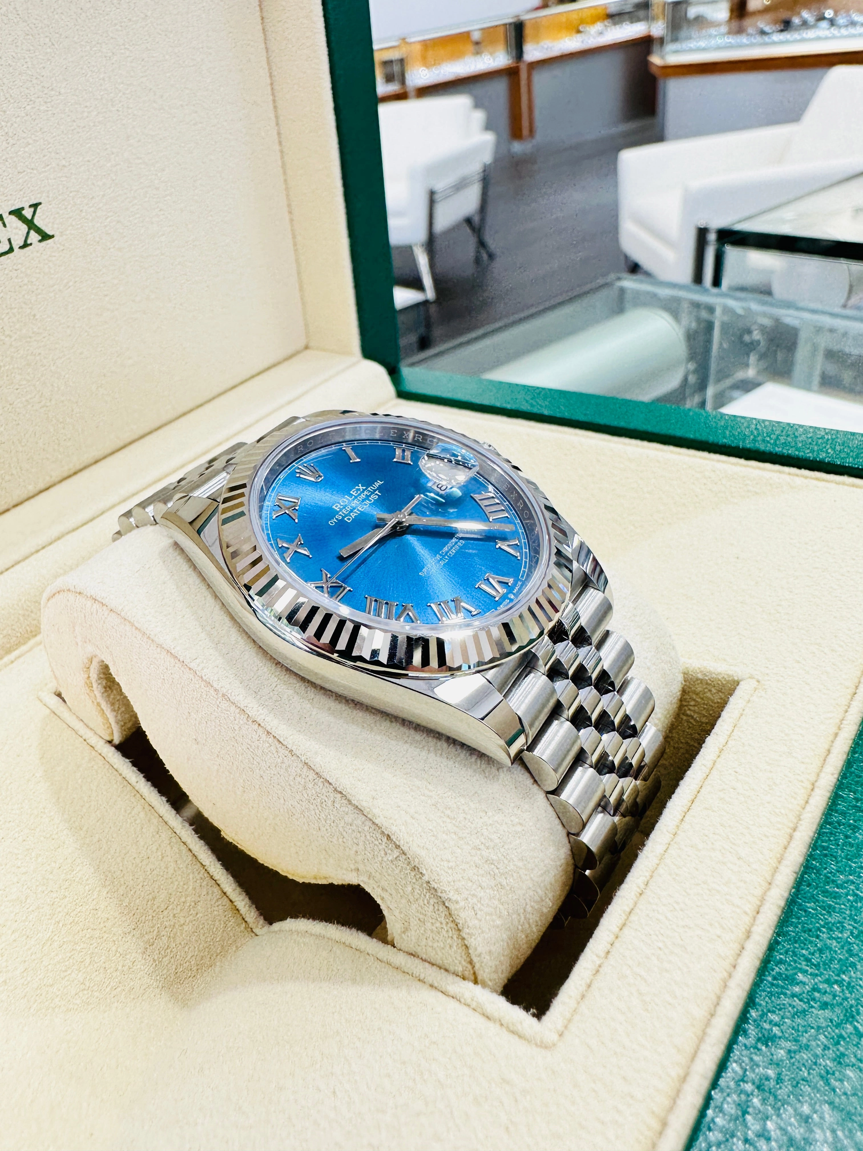 Rolex DateJust 41 126334 Blue Roman Dial Jubilee Steel 18k White Gold Unworn Box and Papers