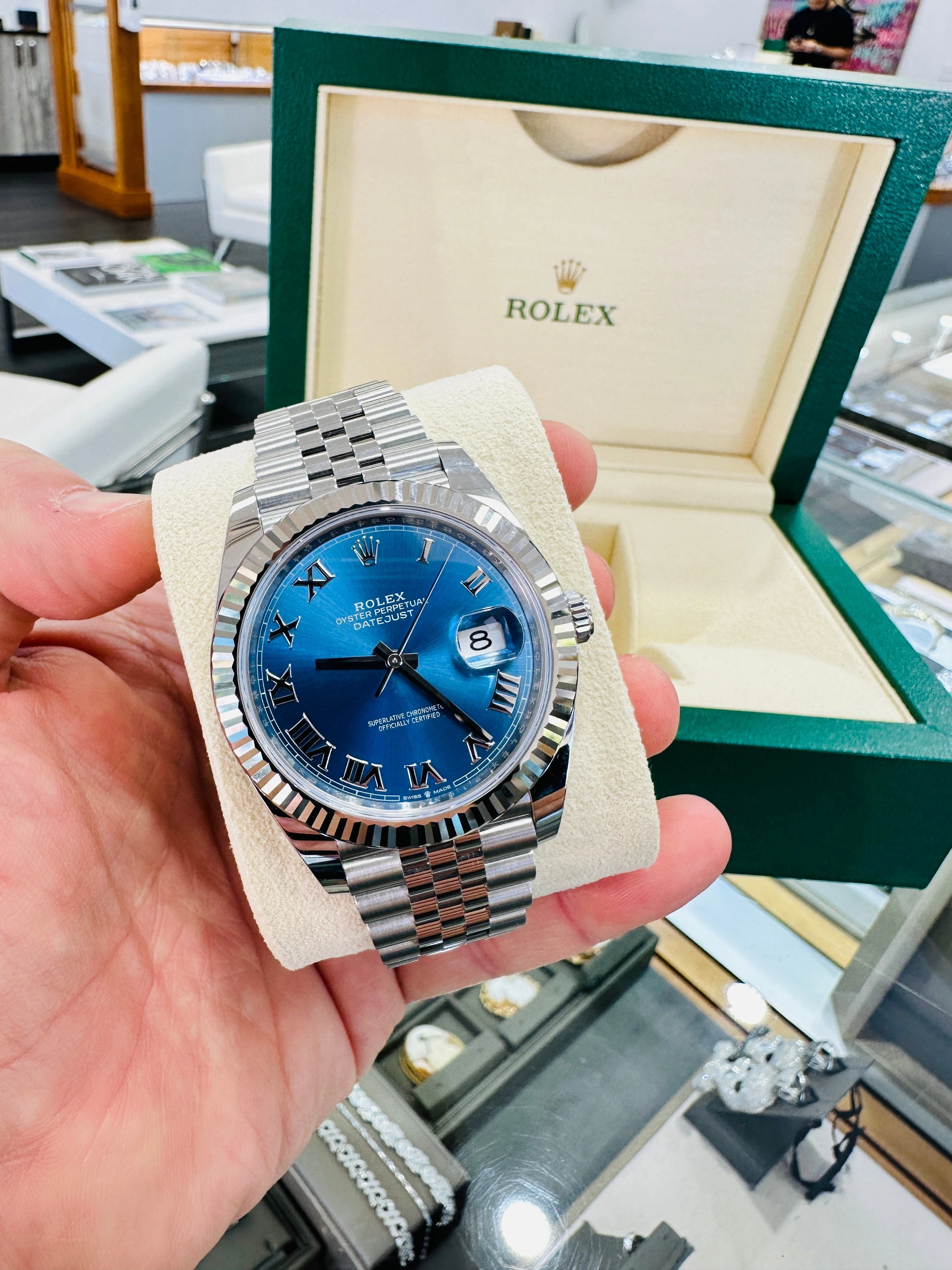 Rolex DateJust 41 126334 Blue Roman Dial Jubilee Steel 18k White Gold Unworn Box and Papers