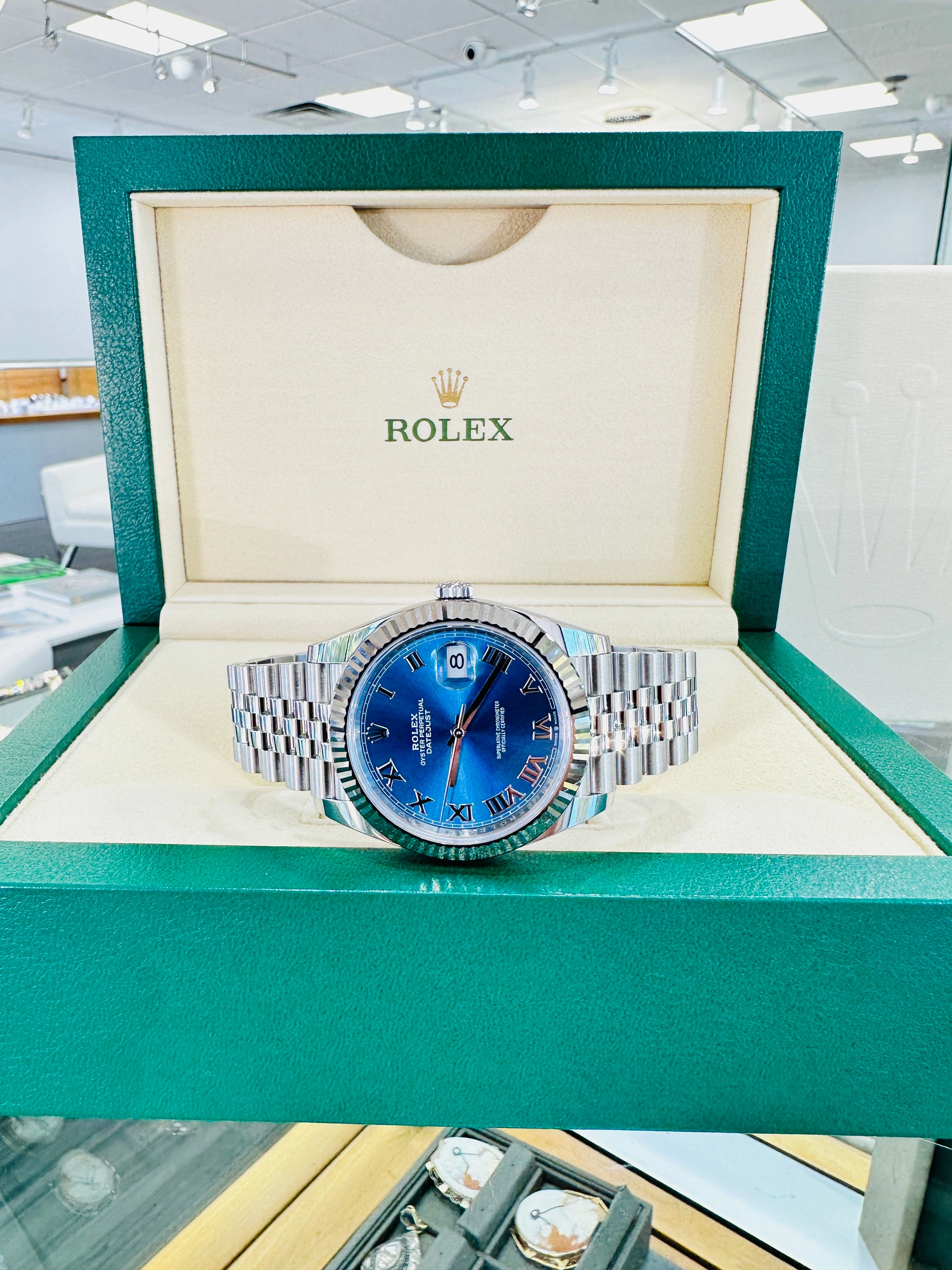 Rolex DateJust 41 126334 Blue Roman Dial Jubilee Steel 18k White Gold Unworn Box and Papers