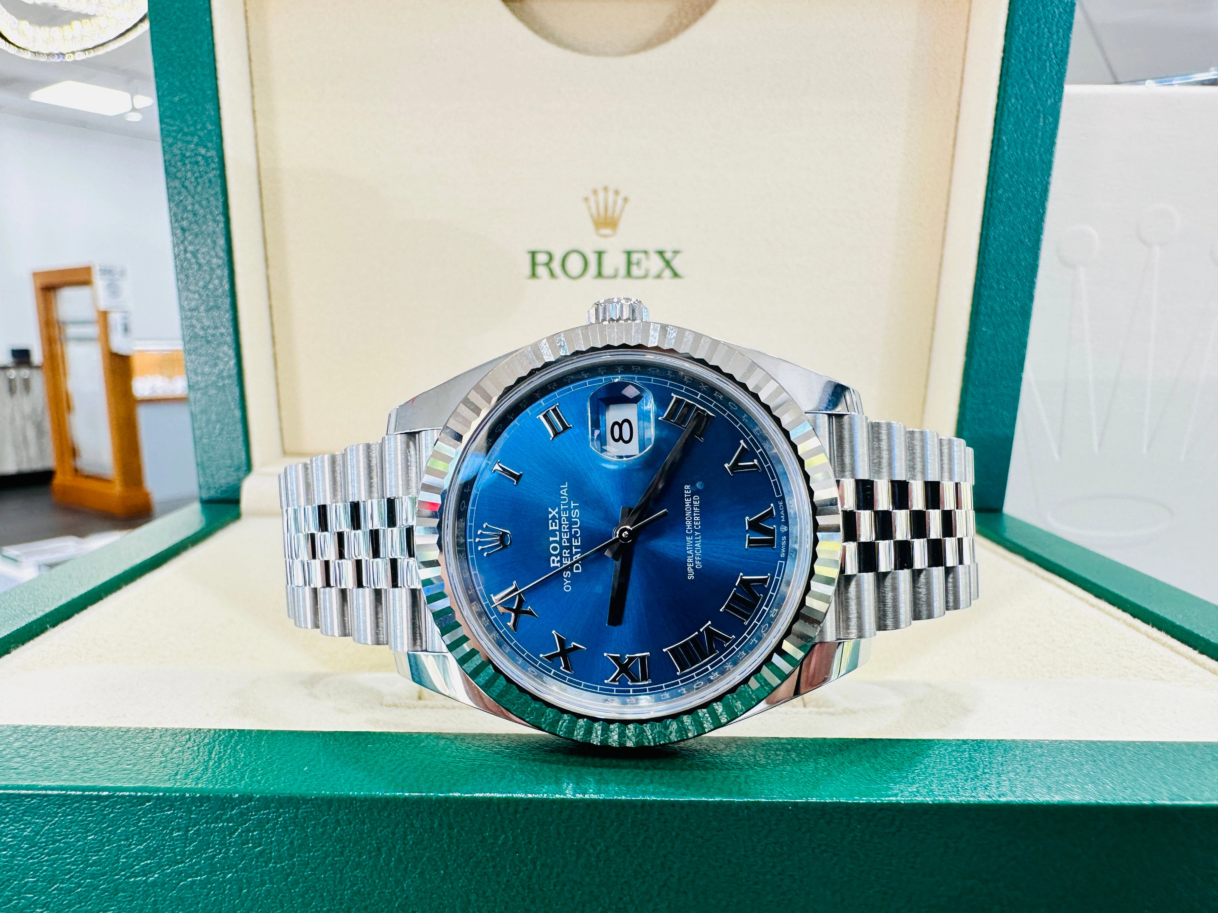 Rolex DateJust 41 126334 Blue Roman Dial Jubilee Steel 18k White Gold Unworn Box and Papers