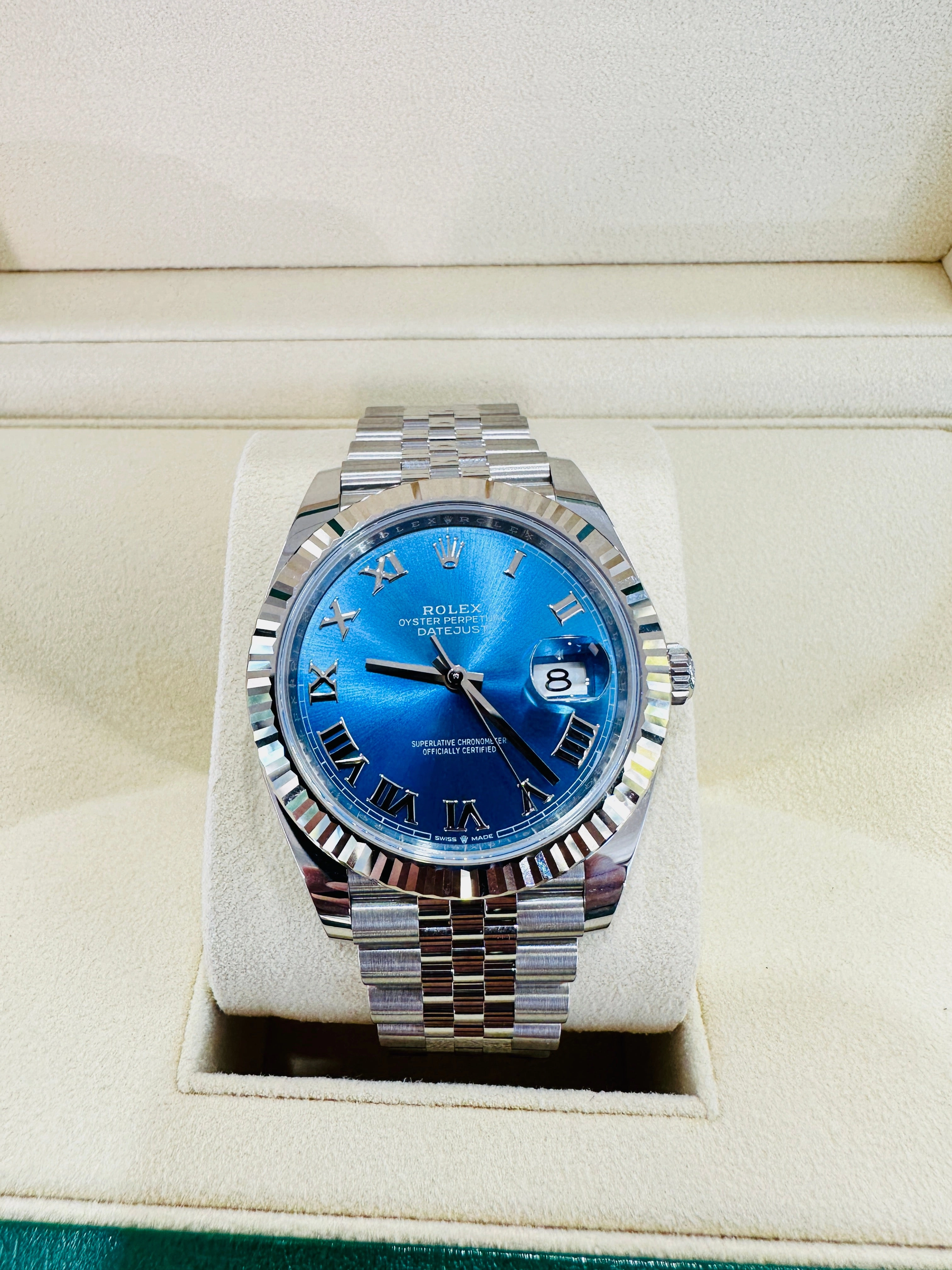 Rolex DateJust 41 126334 Blue Roman Dial Jubilee Steel 18k White Gold Unworn Box and Papers
