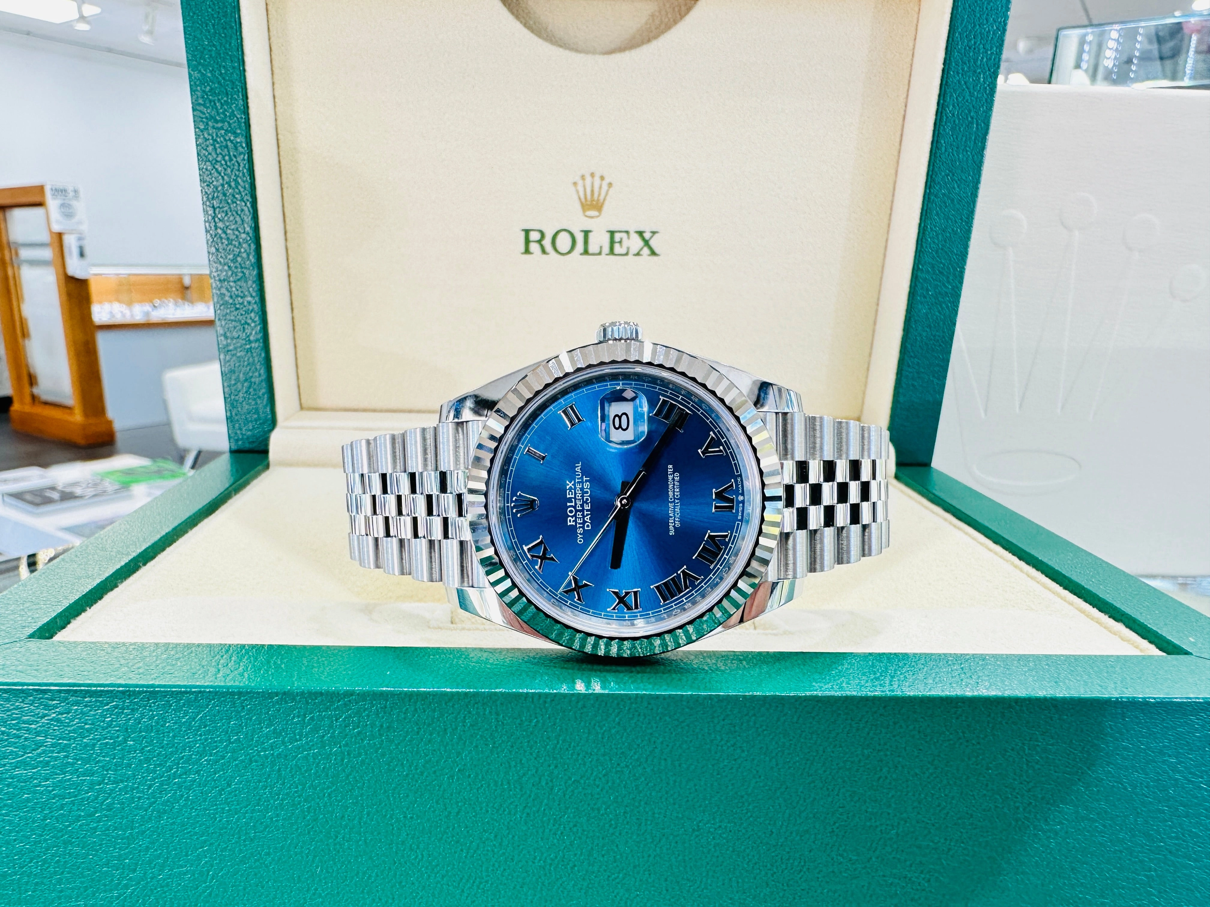 Rolex DateJust 41 126334 Blue Roman Dial Jubilee Steel 18k White Gold Unworn Box and Papers