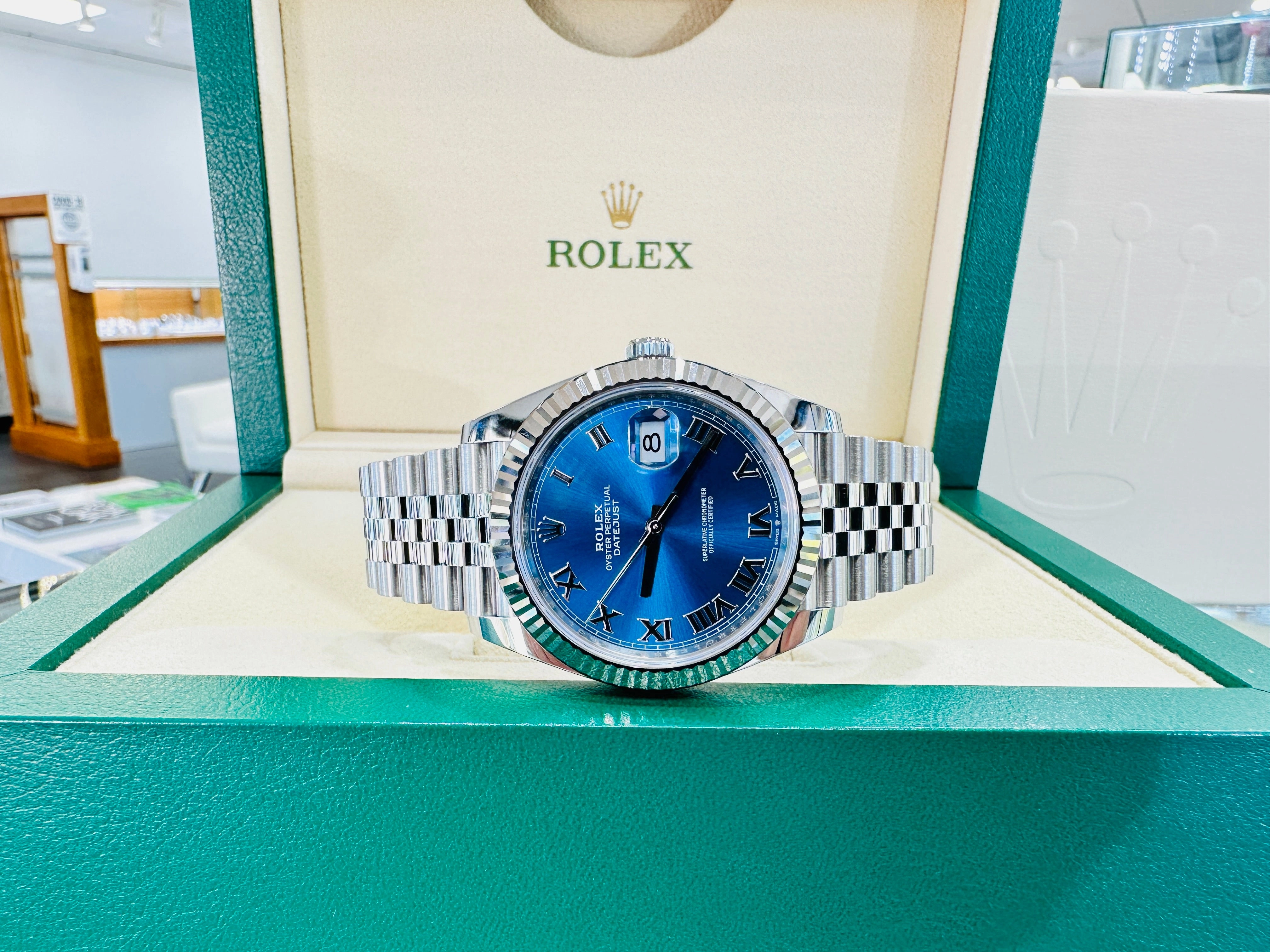 Rolex DateJust 41 126334 Blue Roman Dial Jubilee Steel 18k White Gold Unworn Box and Papers