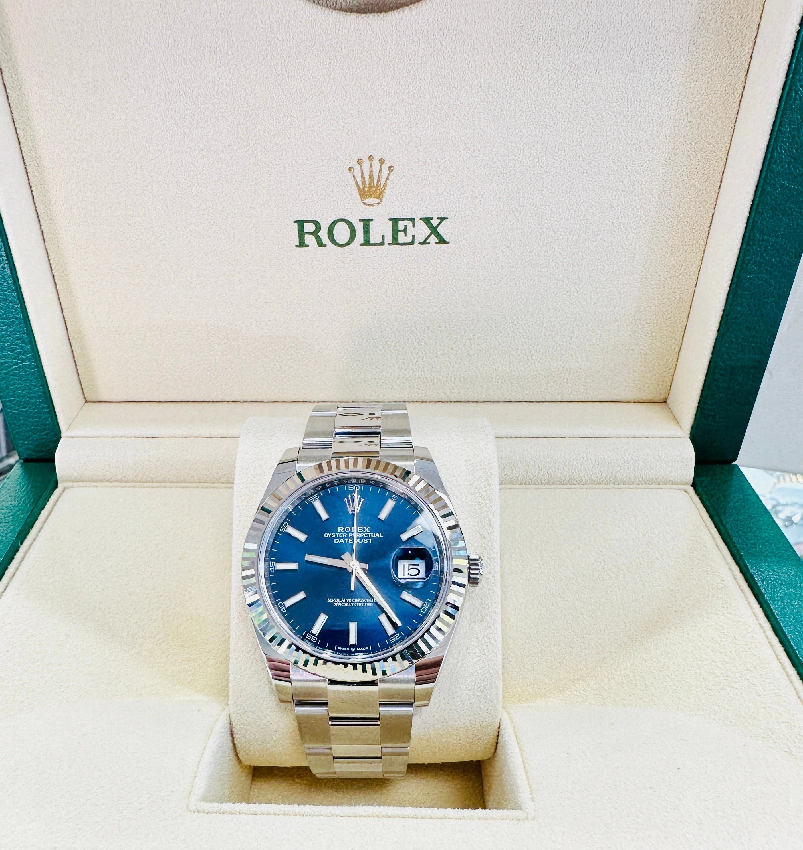 Rolex DateJust 41 126334 Blue Stick Oyster Steel 18k White Gold Bezel  Box Papers UNWORN