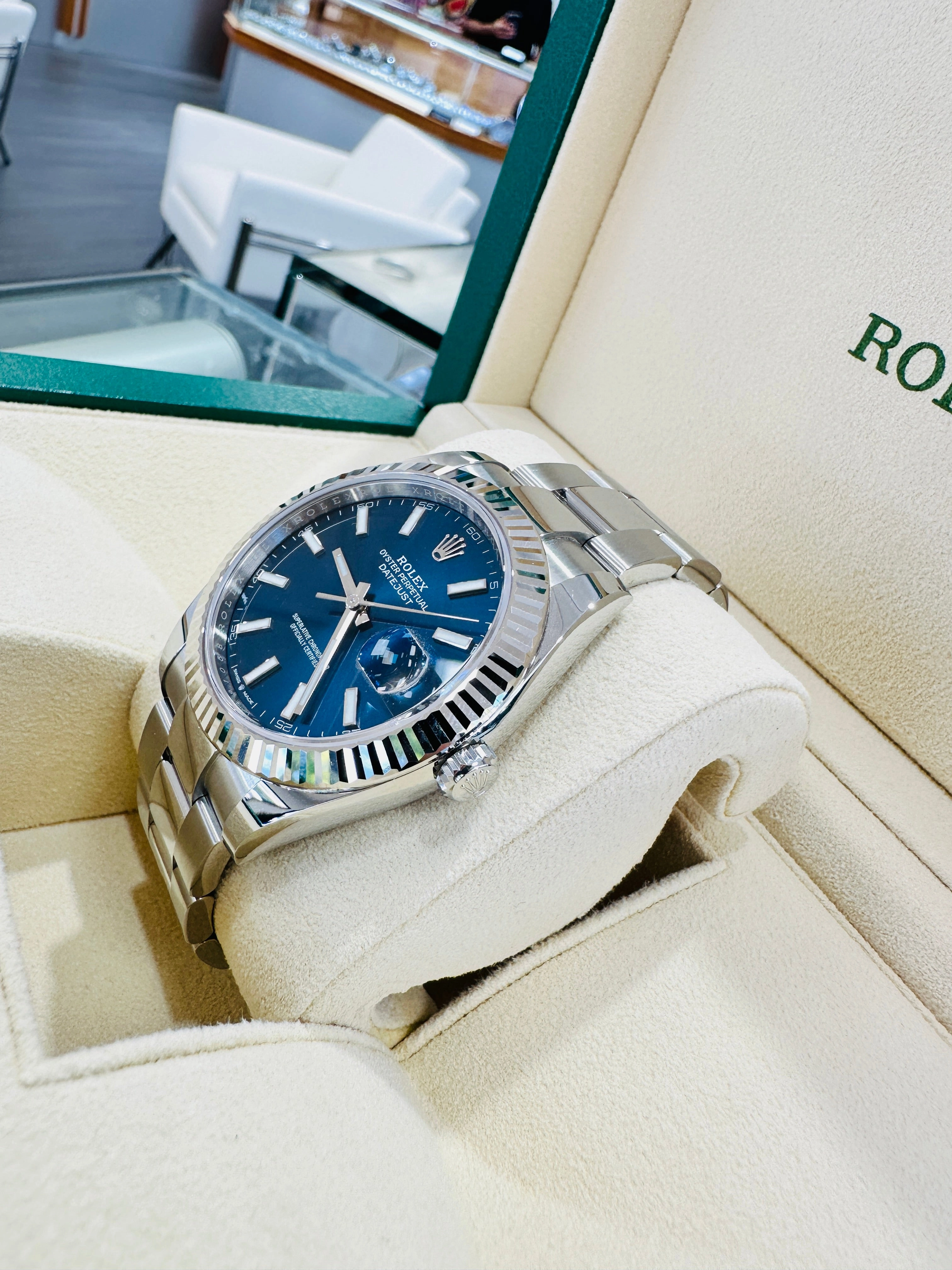 Rolex DateJust 41 126334 Blue Stick Oyster Steel 18k White Gold Bezel  Box Papers UNWORN