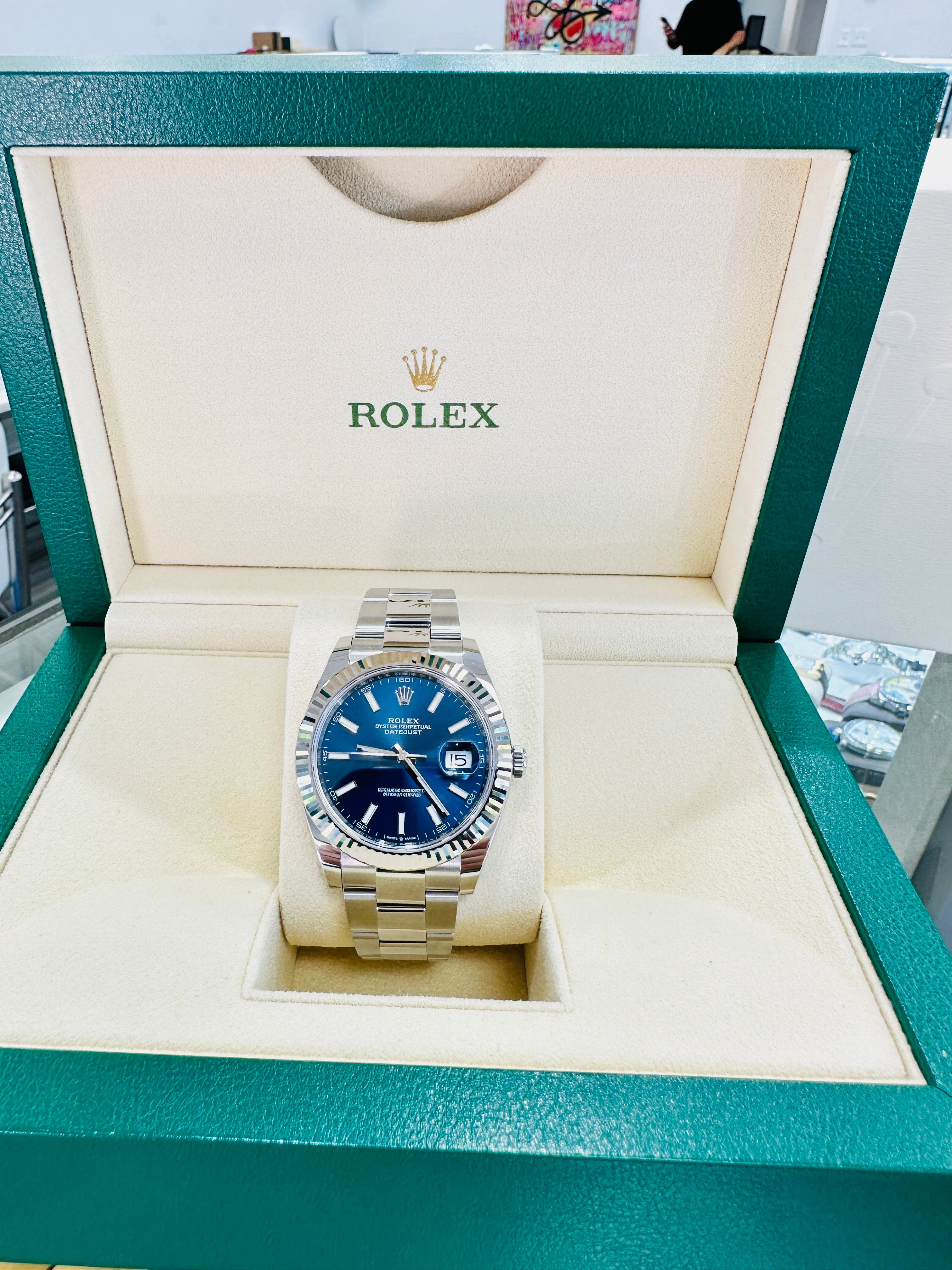 Rolex DateJust 41 126334 Blue Stick Oyster Steel 18k White Gold Bezel  Box Papers UNWORN