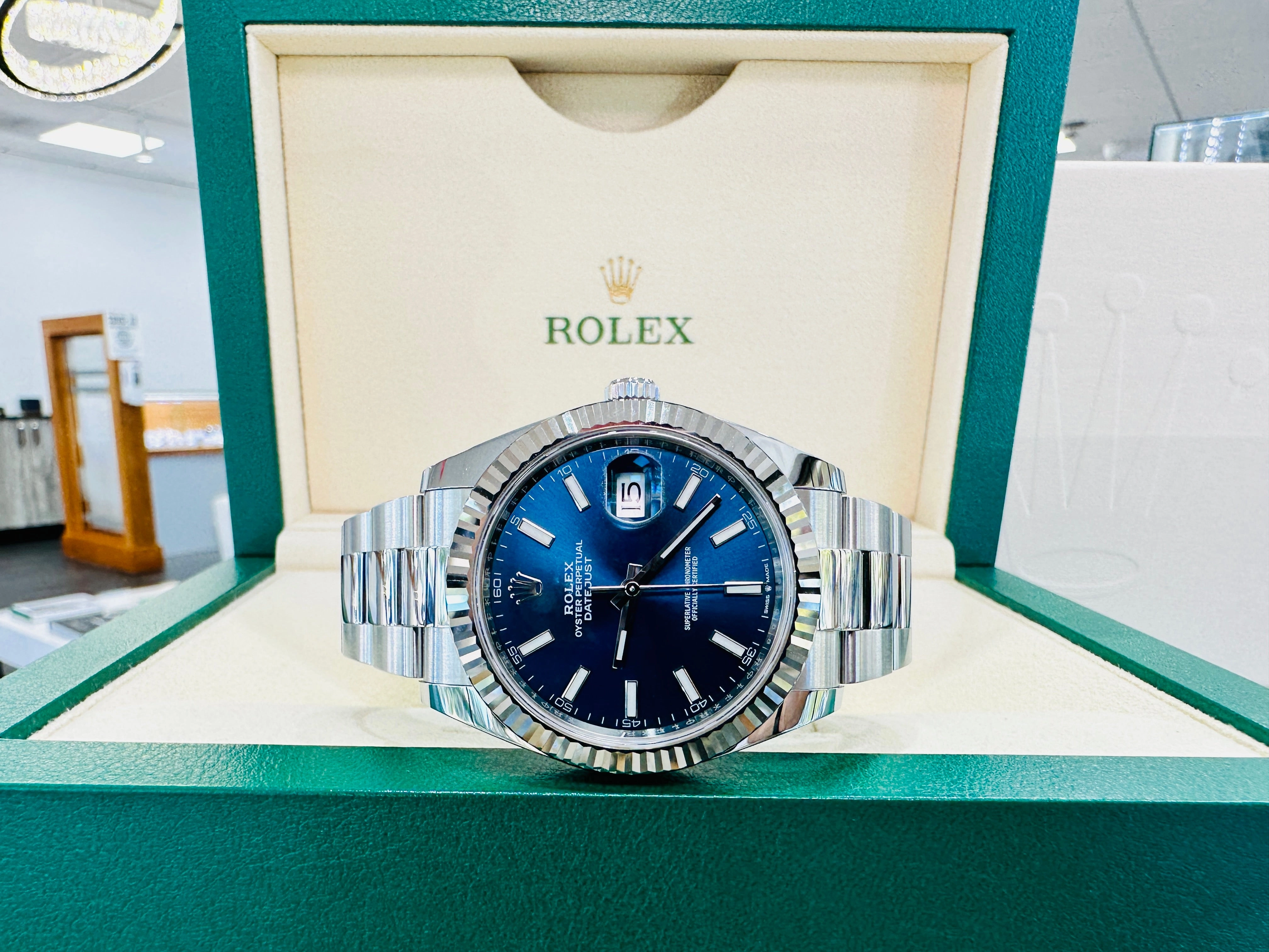 Rolex DateJust 41 126334 Blue Stick Oyster Steel 18k White Gold Bezel  Box Papers UNWORN