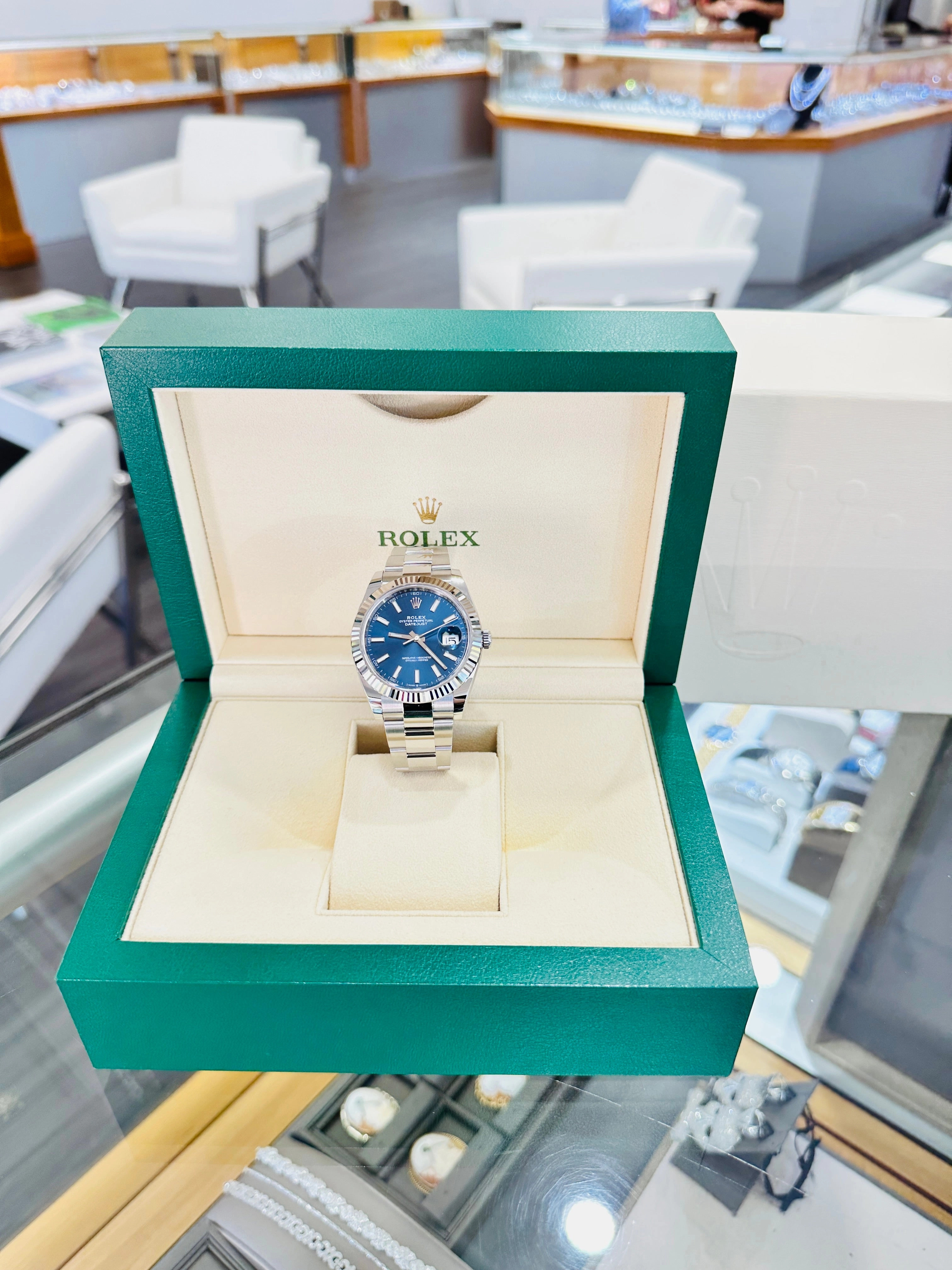 Rolex DateJust 41 126334 Blue Stick Oyster Steel 18k White Gold Bezel  Box Papers UNWORN