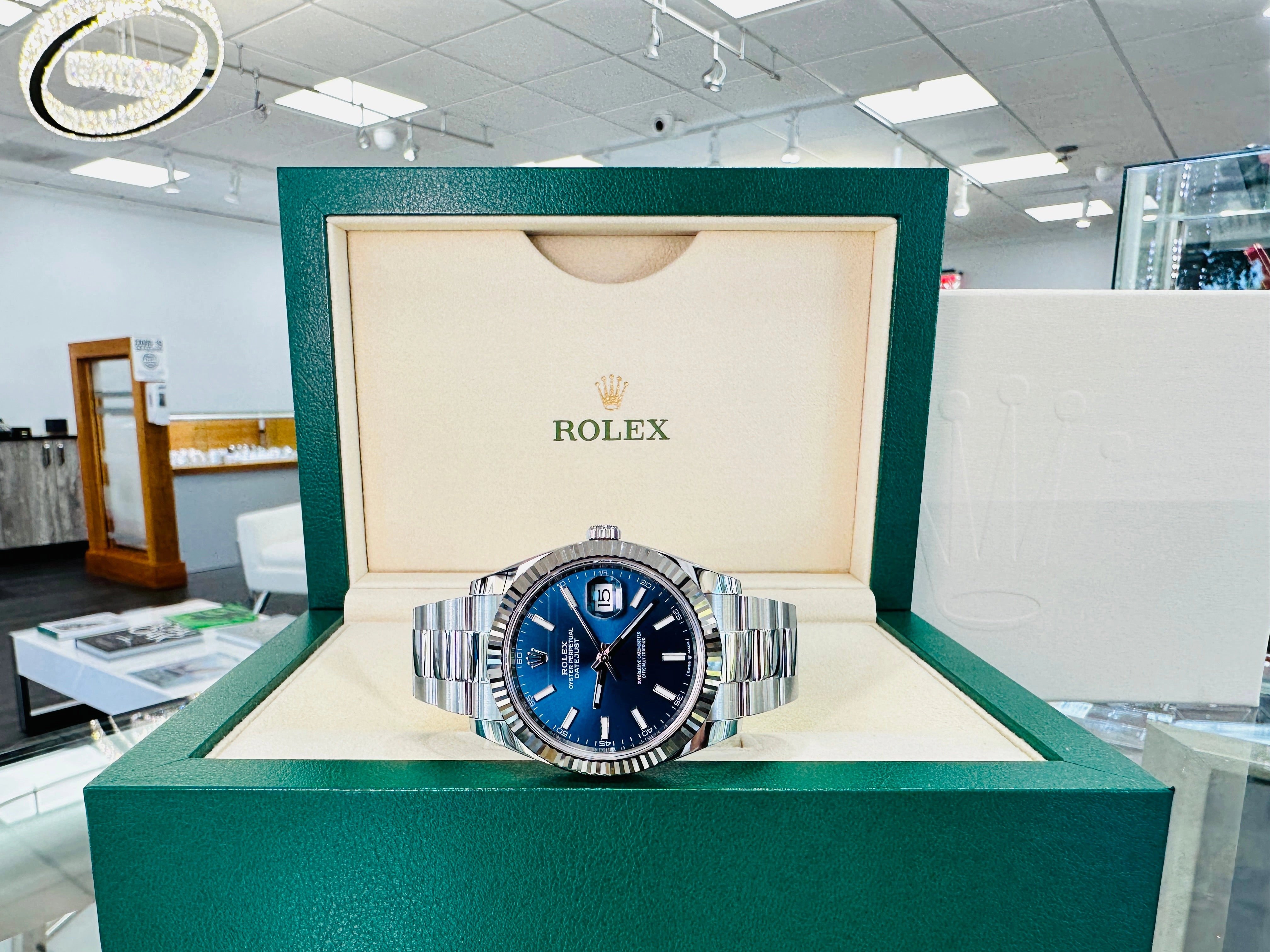 Rolex DateJust 41 126334 Blue Stick Oyster Steel 18k White Gold Bezel  Box Papers UNWORN