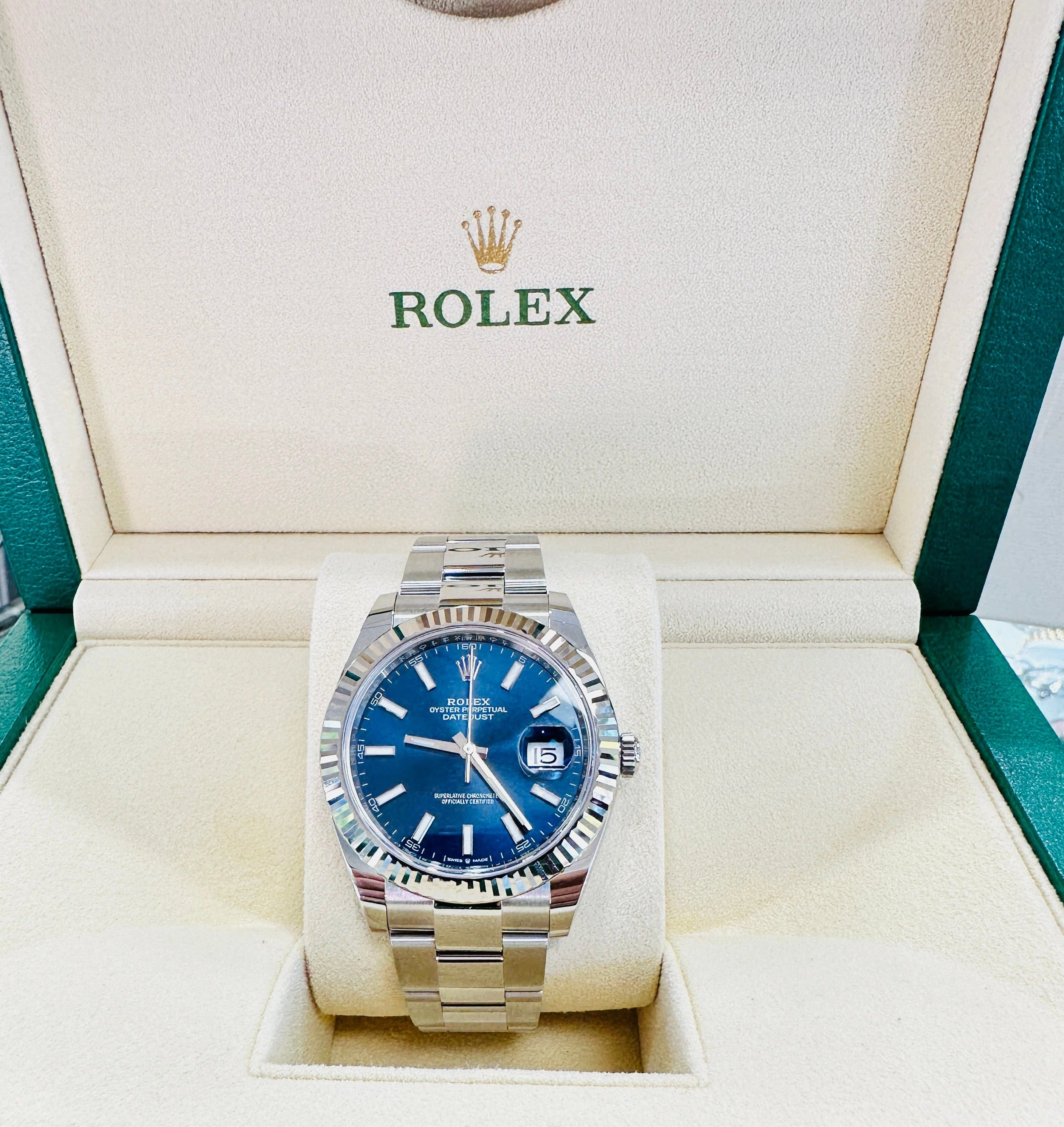 Rolex DateJust 41 126334 Blue Stick Oyster Steel 18k White Gold Bezel  Box Papers UNWORN