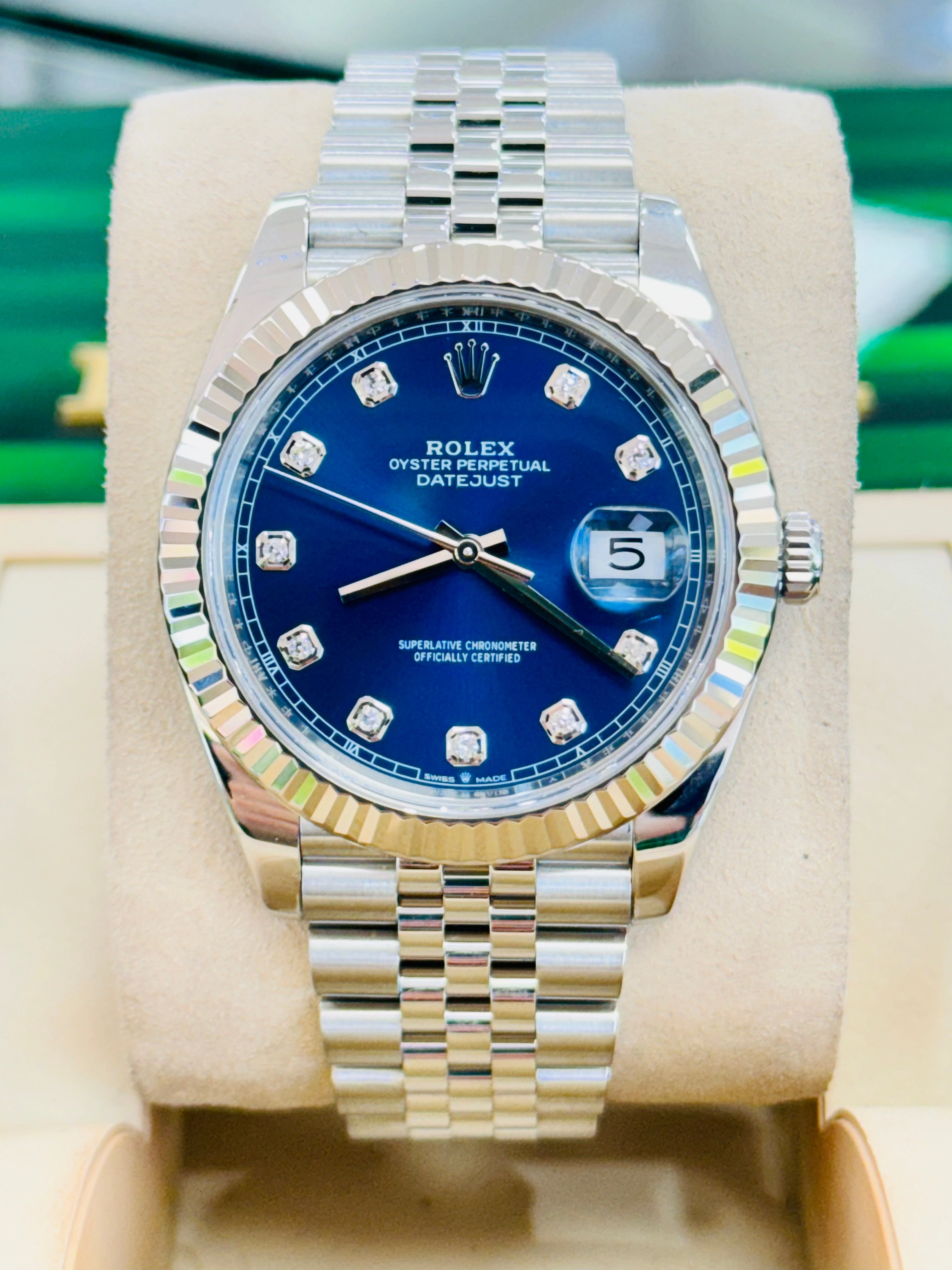 Rolex Datejust 41 126334  Jubilee Bracelet Factory Blue Diamond Dial Fluted Bezel MINT Box and Papers