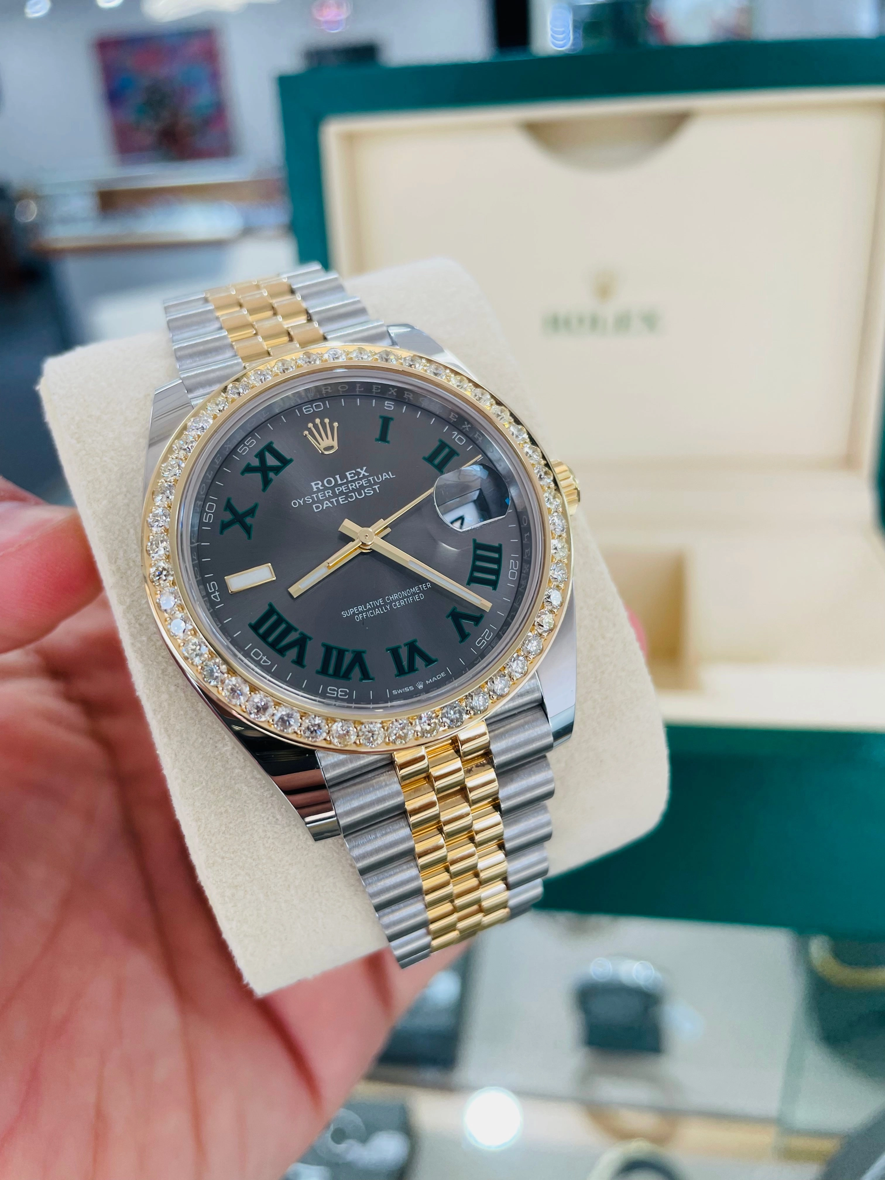 Rolex Datejust 41 Stainless Steel & Slate 'Wimbledon' Roman Dial Jubilee Bracelet 126303 Custom 2.50ct Diamond Bezel Box and Papers Unworn