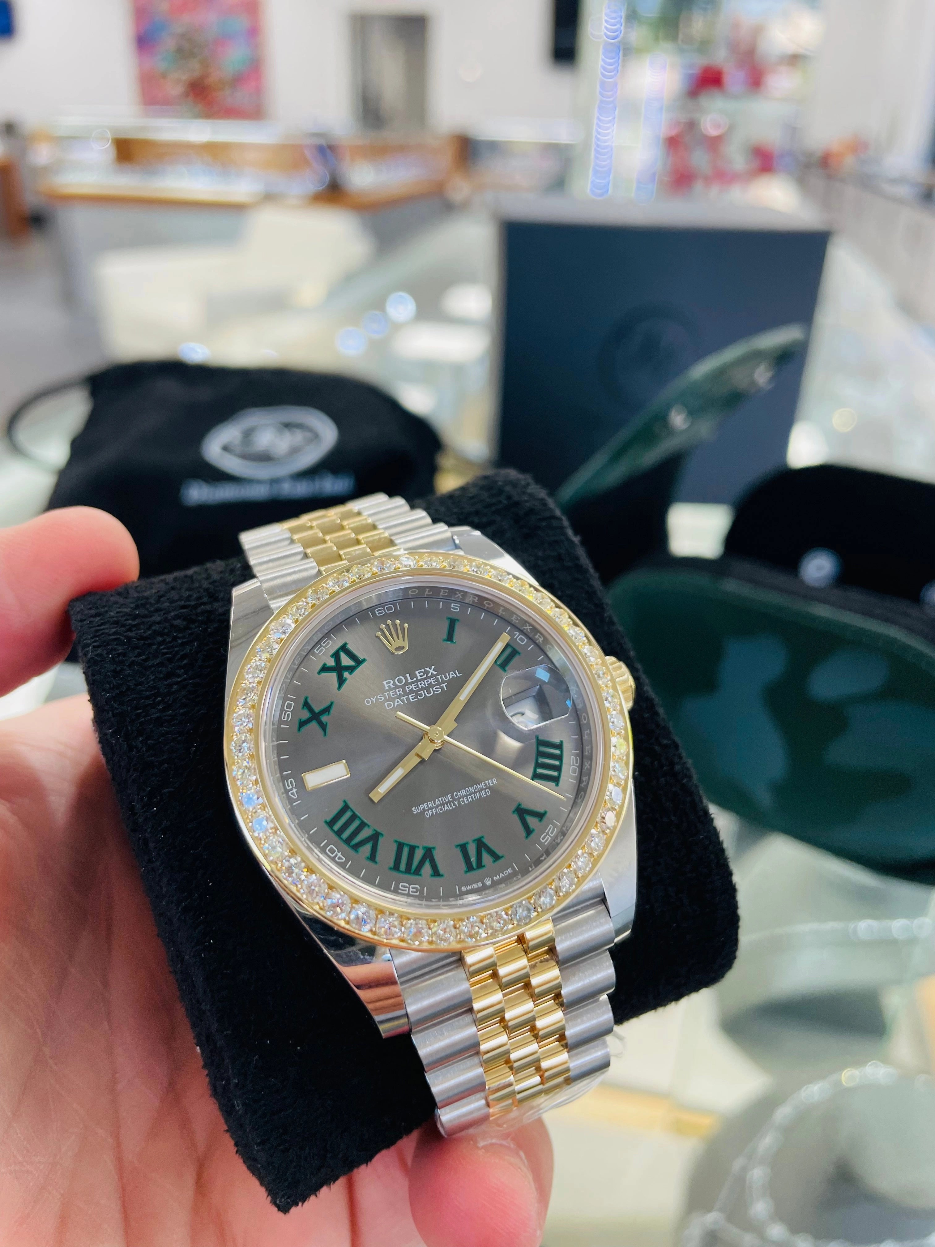 Rolex Datejust 41 Stainless Steel & Slate 'Wimbledon' Roman Dial Jubilee Bracelet 126303 Custom 2.50ct Diamond Bezel Box and Papers Unworn
