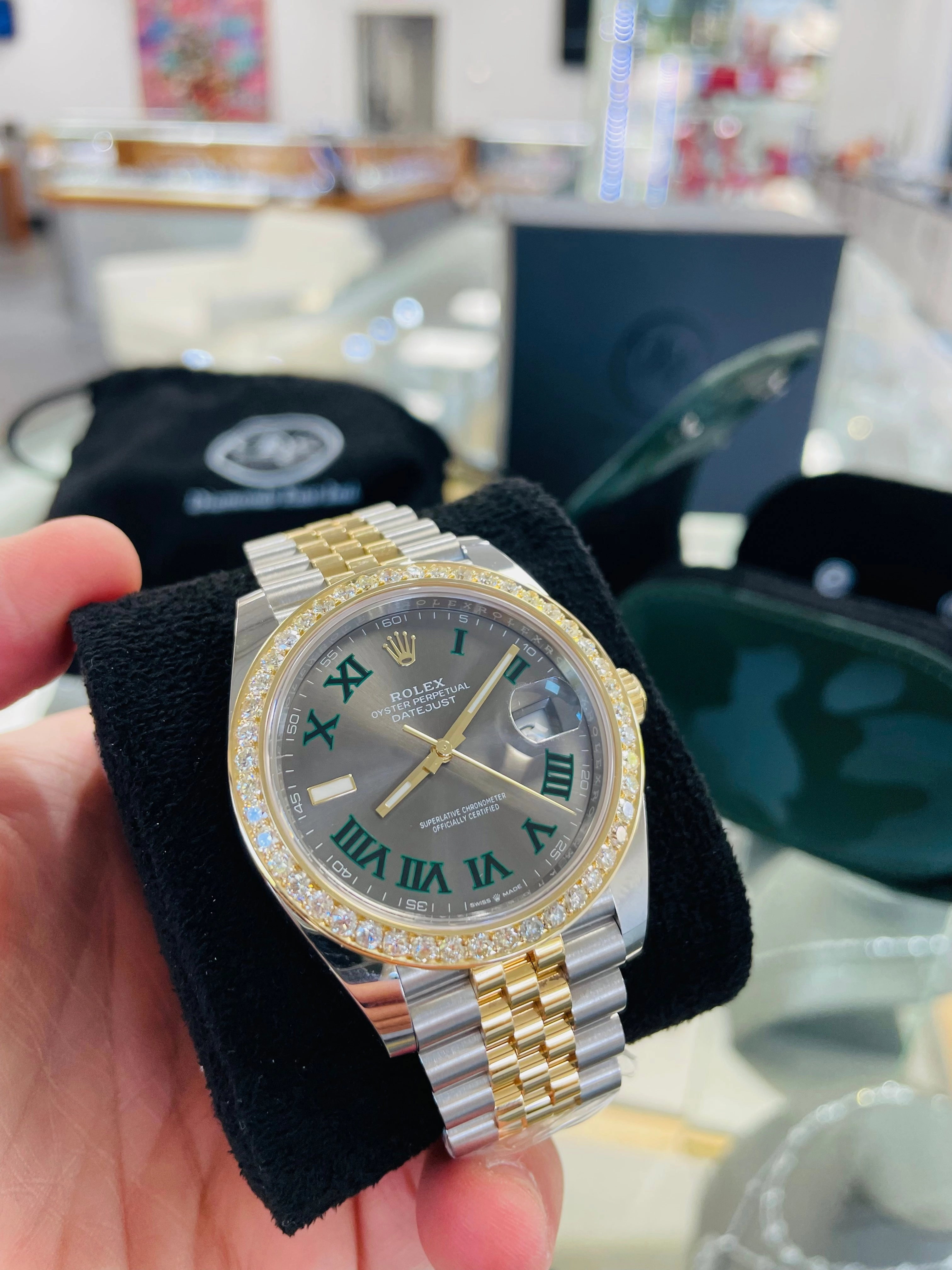 Rolex Datejust 41 Stainless Steel & Slate 'Wimbledon' Roman Dial Jubilee Bracelet 126303 Custom 2.50ct Diamond Bezel Box and Papers Unworn