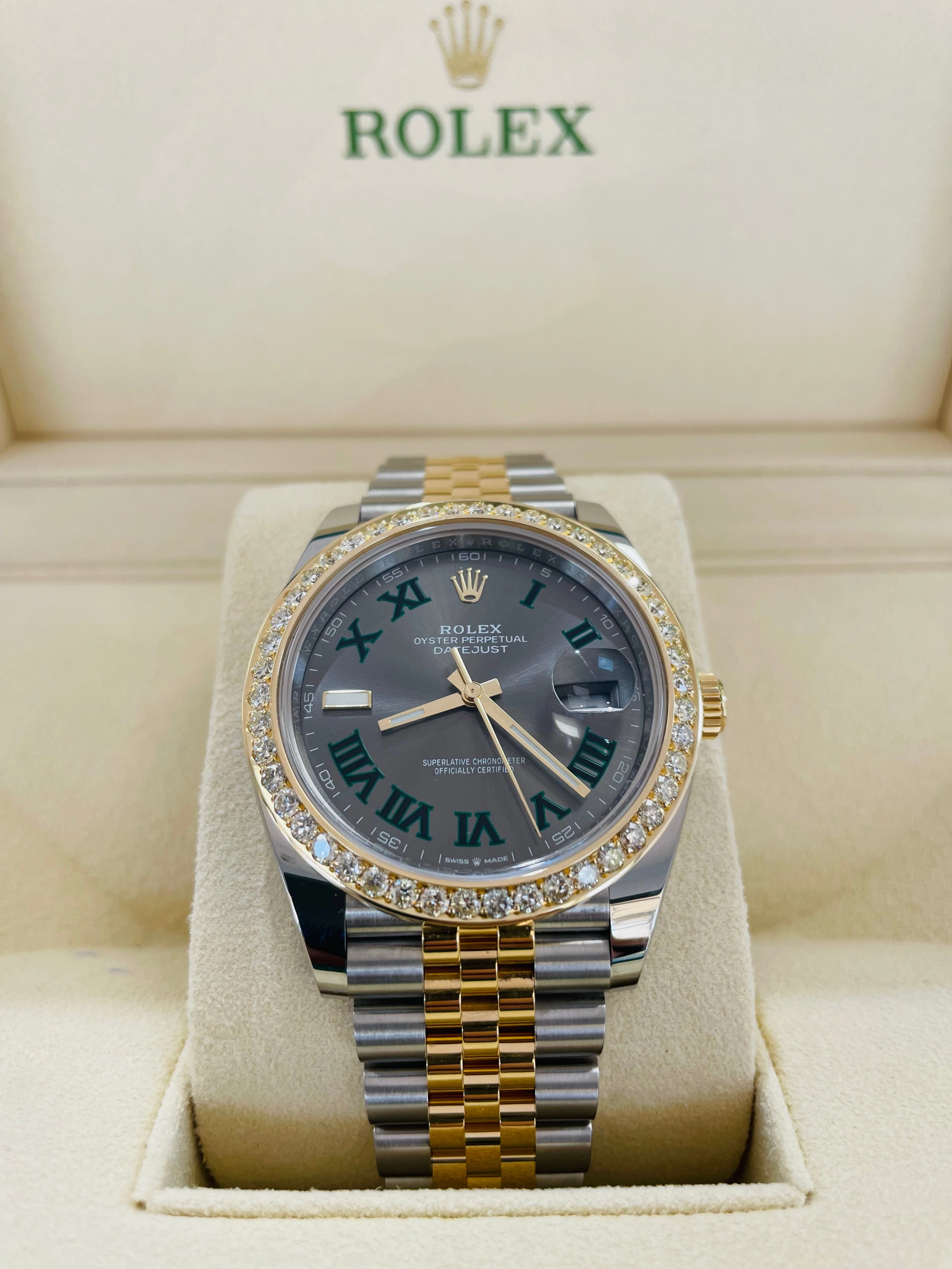 Rolex Datejust 41 Stainless Steel & Slate 'Wimbledon' Roman Dial Jubilee Bracelet 126303 Custom 2.50ct Diamond Bezel Box and Papers Unworn