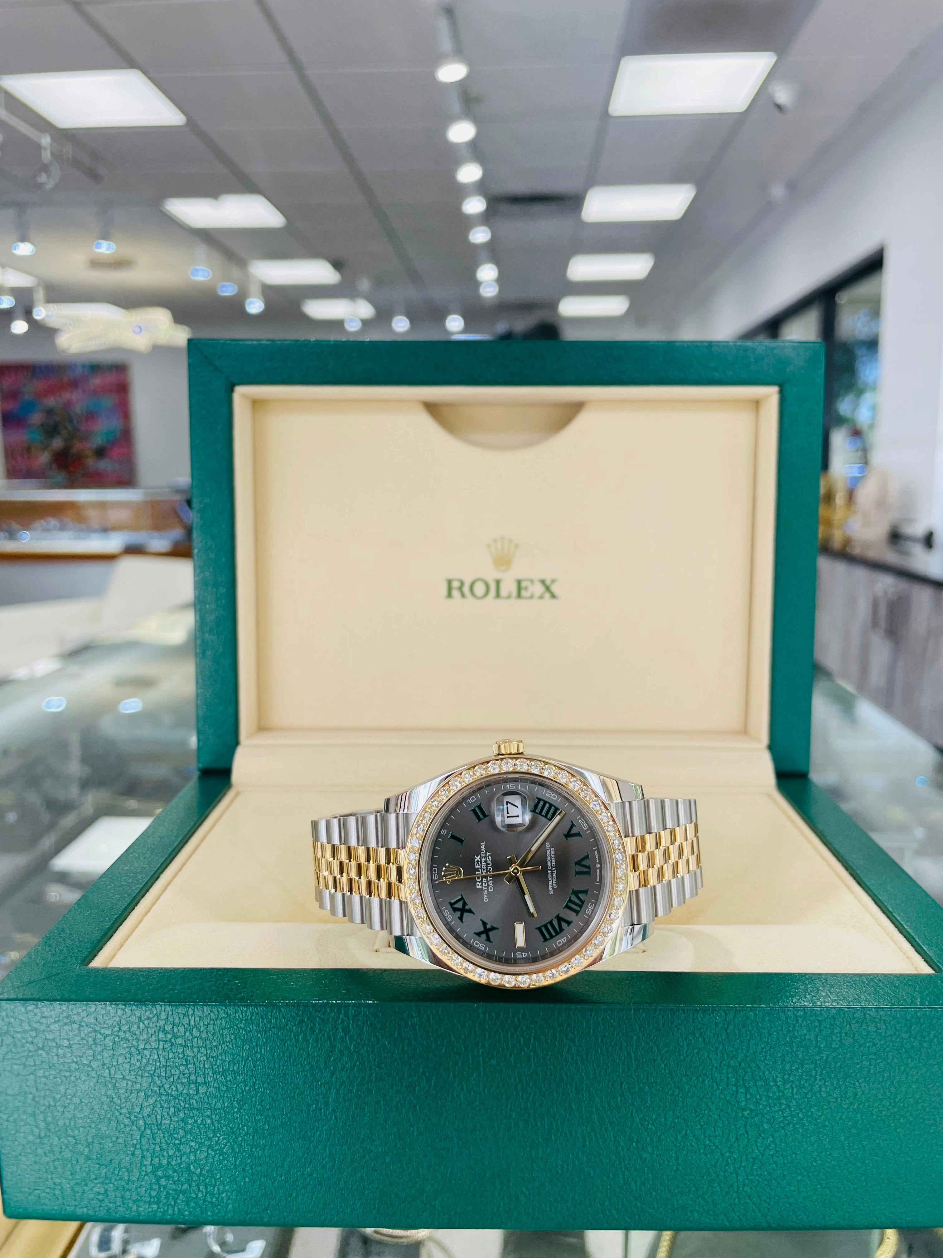 Rolex Datejust 41 Stainless Steel & Slate 'Wimbledon' Roman Dial Jubilee Bracelet 126303 Custom 2.50ct Diamond Bezel Box and Papers Unworn
