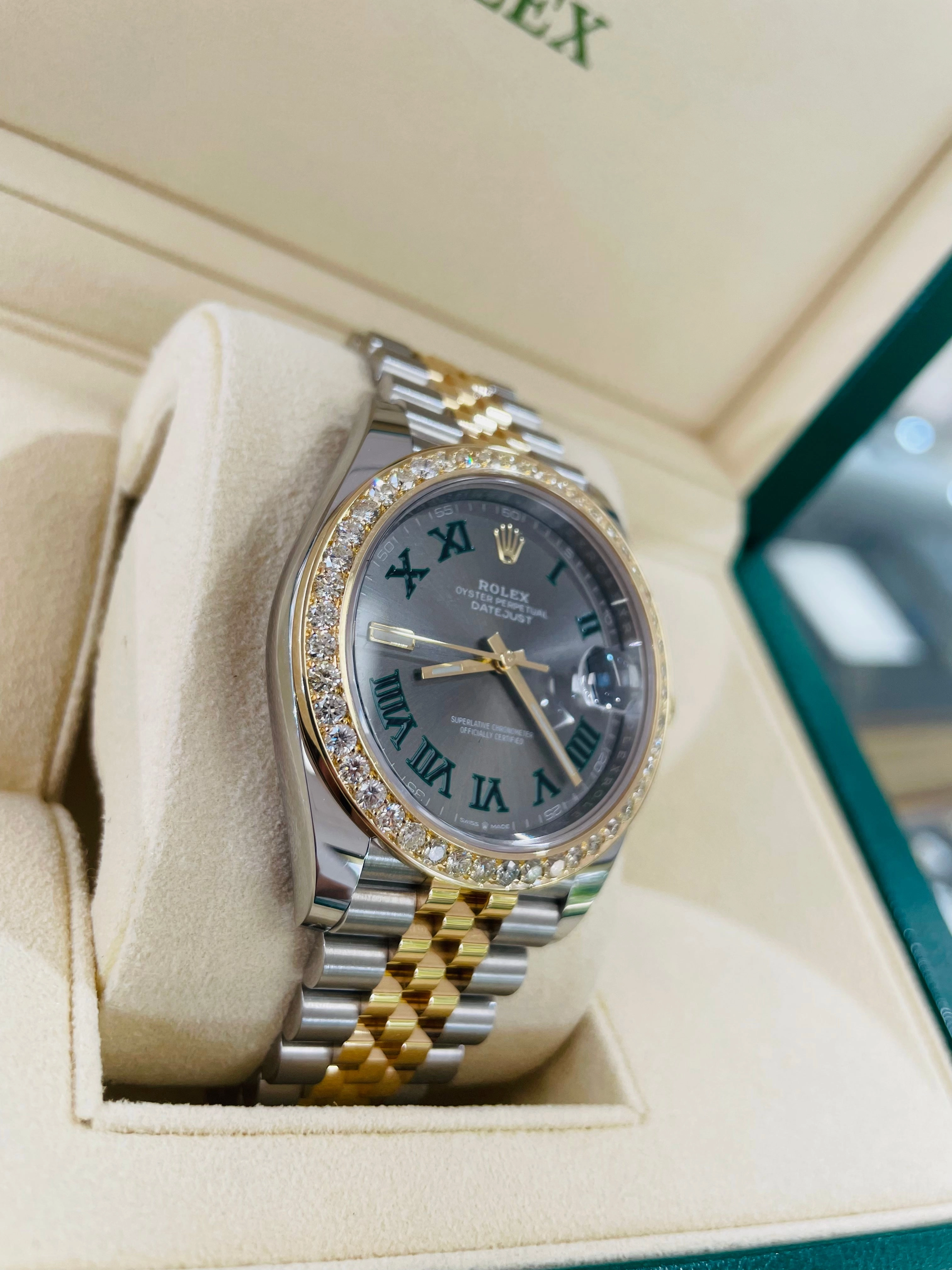 Rolex Datejust 41 Stainless Steel & Slate 'Wimbledon' Roman Dial Jubilee Bracelet 126303 Custom 2.50ct Diamond Bezel Box and Papers Unworn