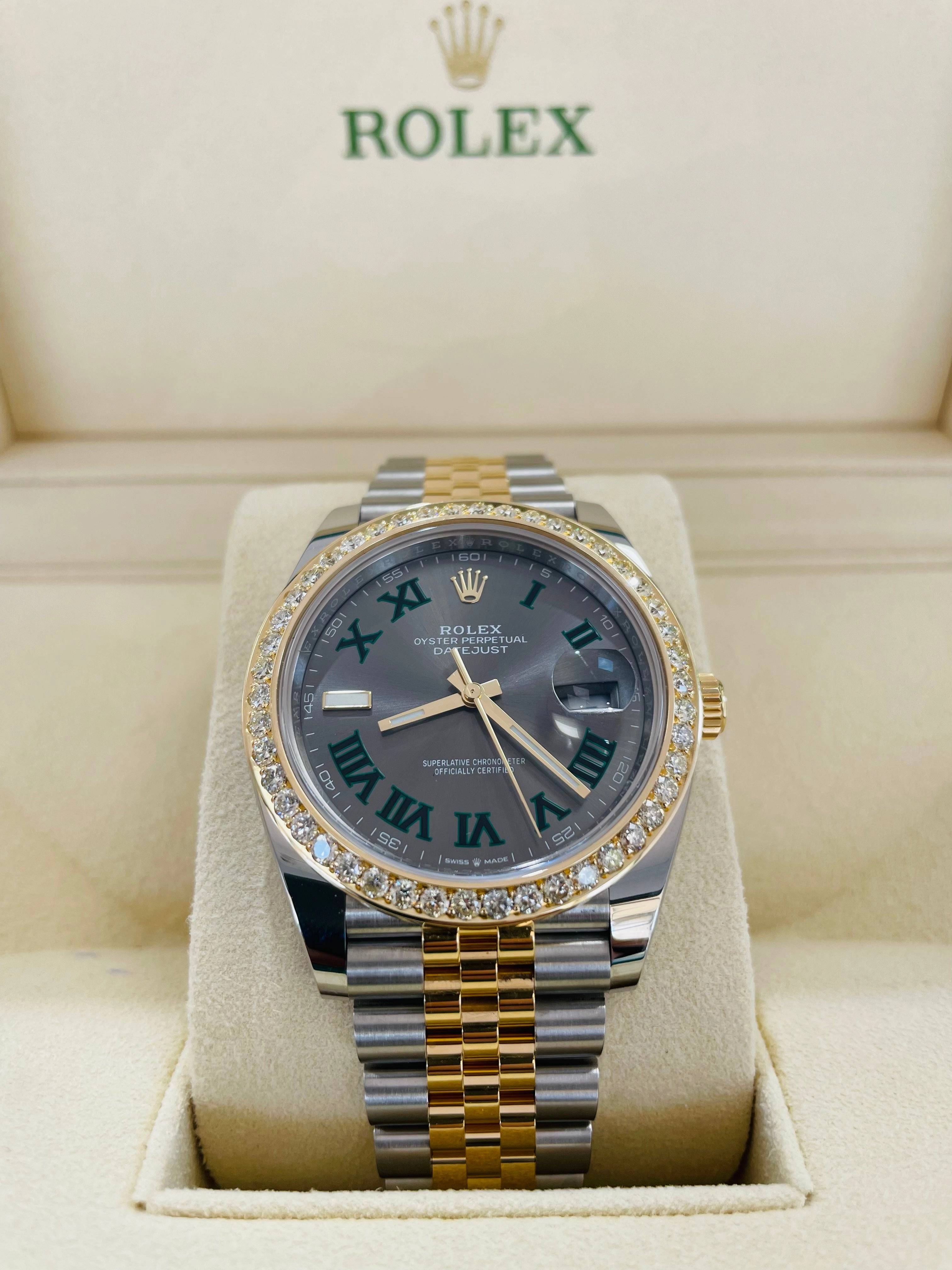 Rolex Datejust 41 Stainless Steel & Slate 'Wimbledon' Roman Dial Jubilee Bracelet 126303 Custom 2.50ct Diamond Bezel Box and Papers Unworn