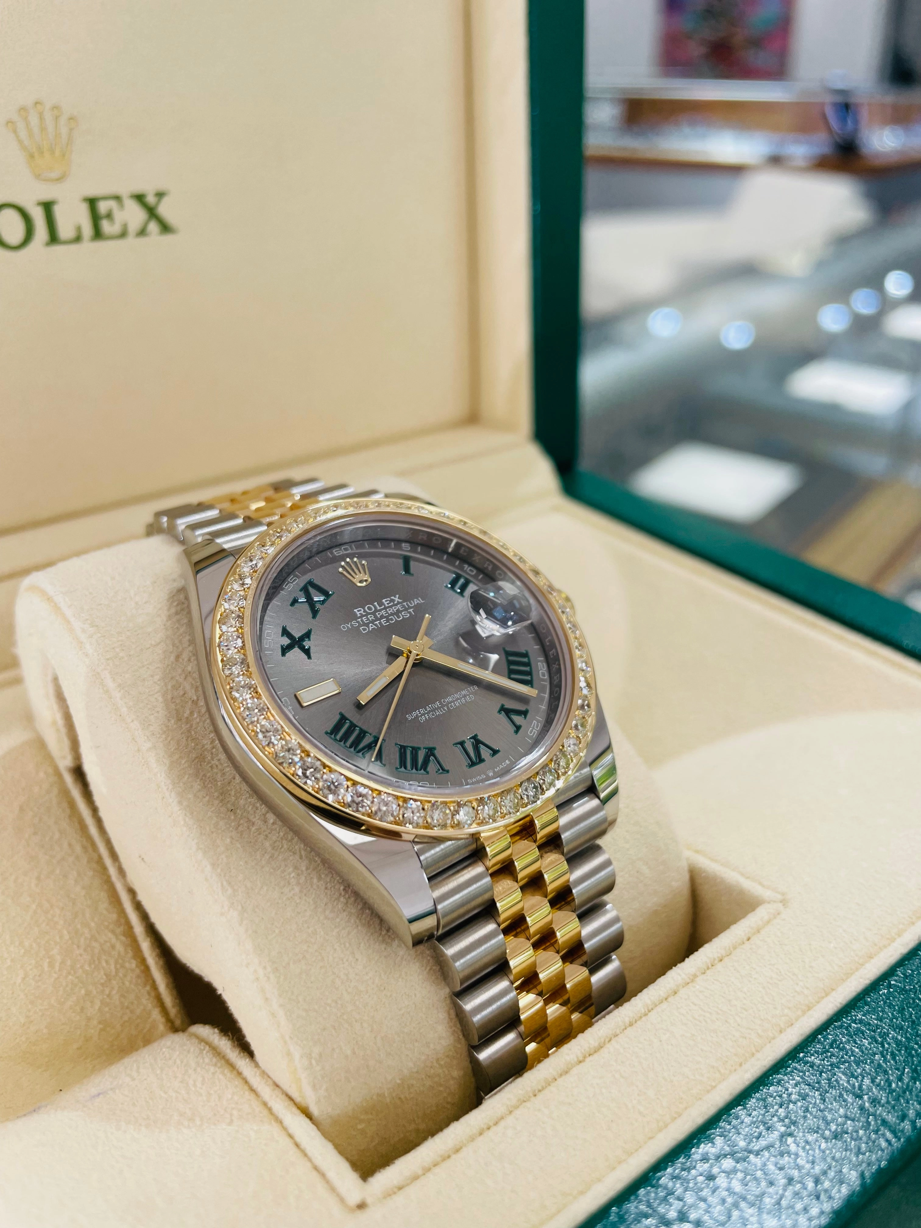 Rolex Datejust 41 Stainless Steel & Slate 'Wimbledon' Roman Dial Jubilee Bracelet 126303 Custom 2.50ct Diamond Bezel Box and Papers Unworn