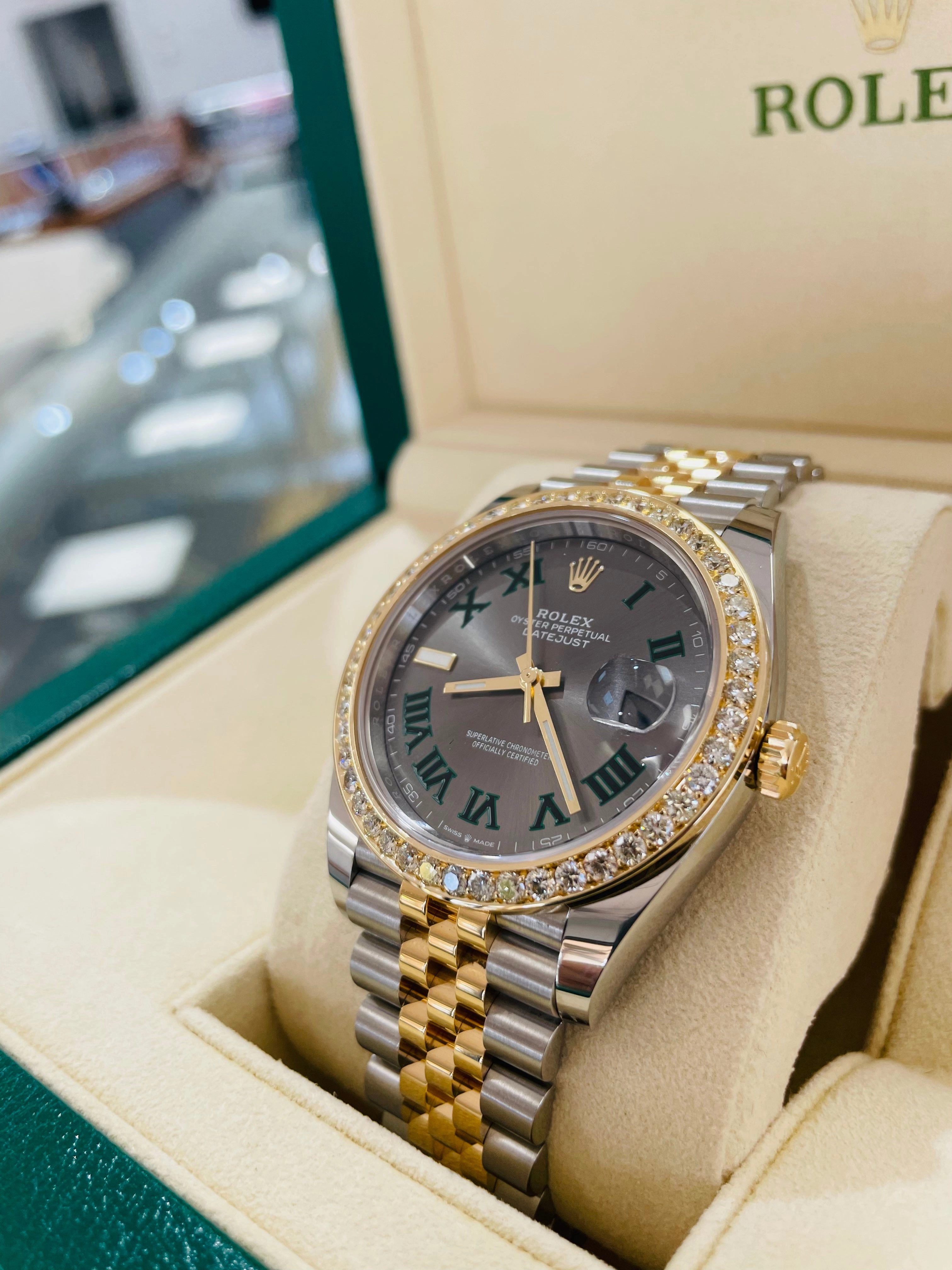 Rolex Datejust 41 Stainless Steel & Slate 'Wimbledon' Roman Dial Jubilee Bracelet 126303 Custom 2.50ct Diamond Bezel Box and Papers Unworn